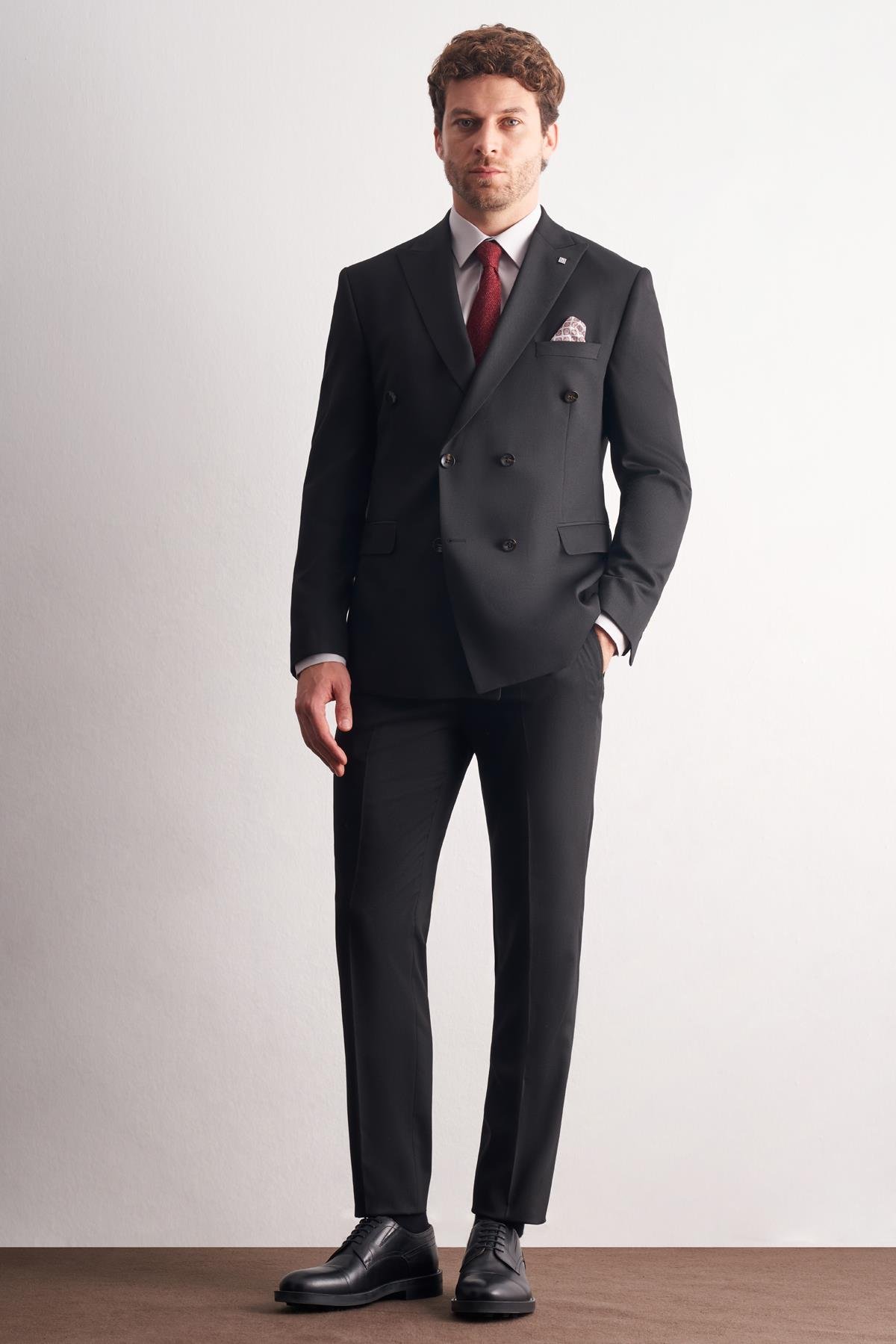 İMZA Siyah Kılıç Yaka Tam Astar 6 Drop Slim Fit Kruvaze Takım Elbise 1001255158 görsel 2