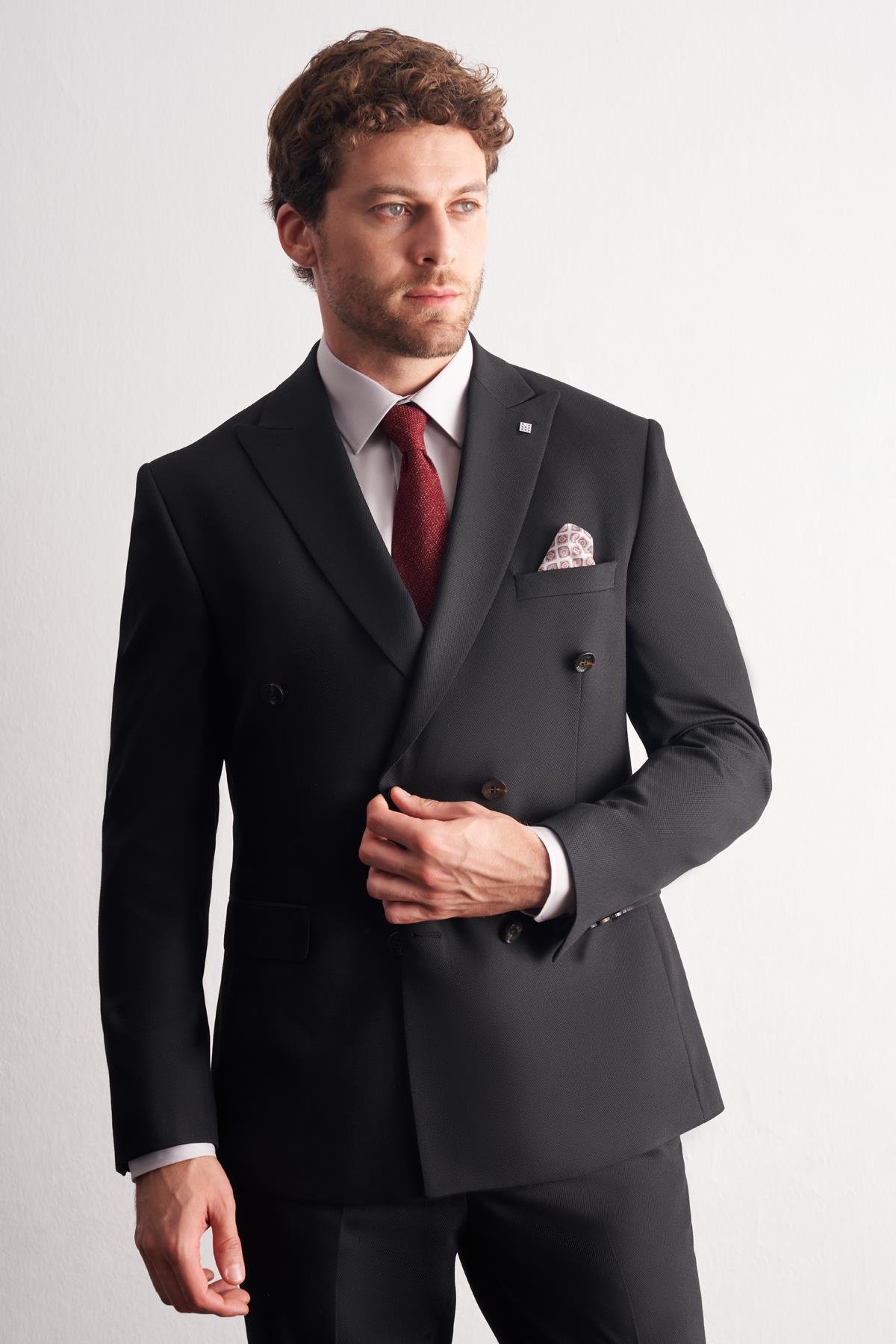 İMZA Siyah Kılıç Yaka Tam Astar 6 Drop Slim Fit Kruvaze Takım Elbise 1001255158 görsel 3