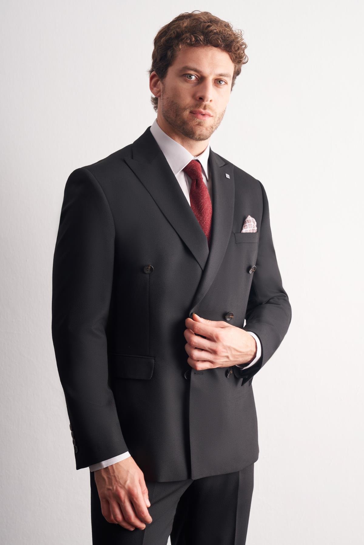 İMZA Siyah Kılıç Yaka Tam Astar 6 Drop Slim Fit Kruvaze Takım Elbise 1001255158 görsel 4