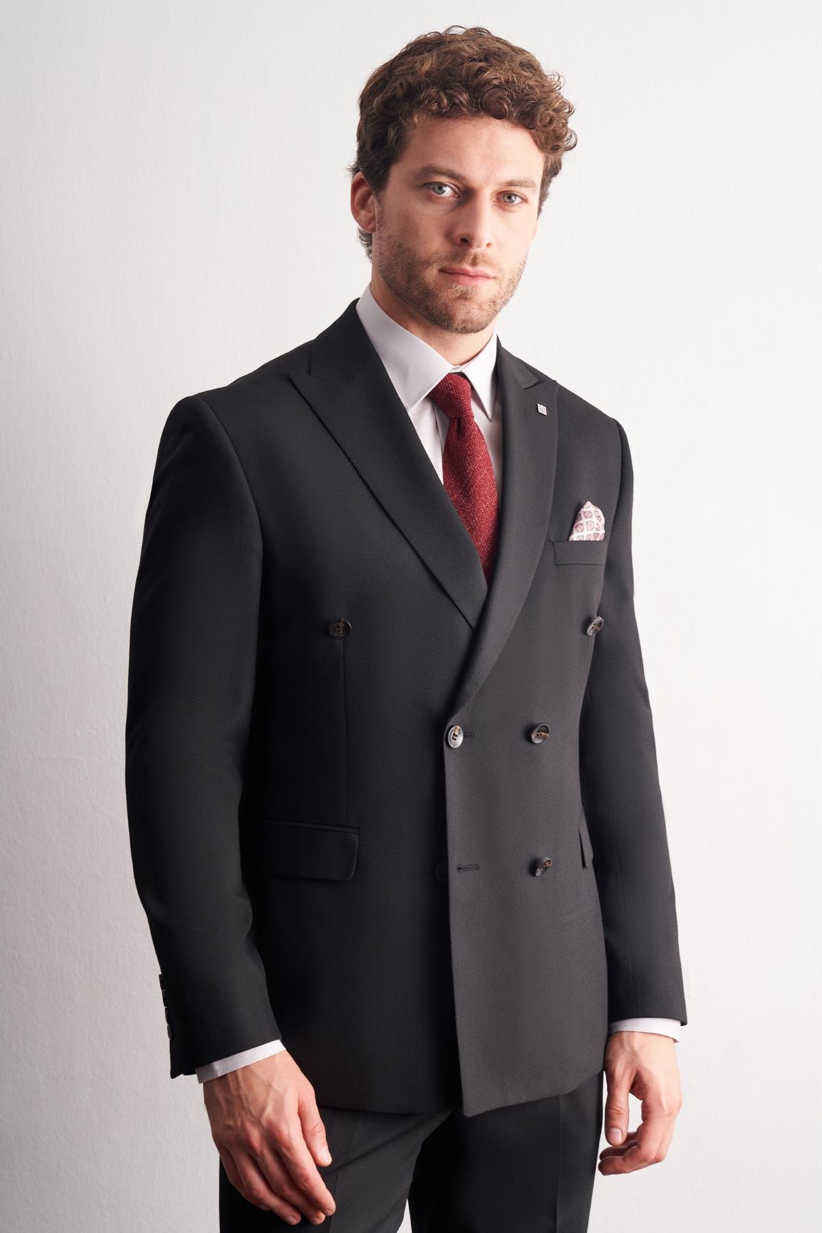 İMZA Siyah Kılıç Yaka Tam Astar 6 Drop Slim Fit Kruvaze Takım Elbise 1001255158