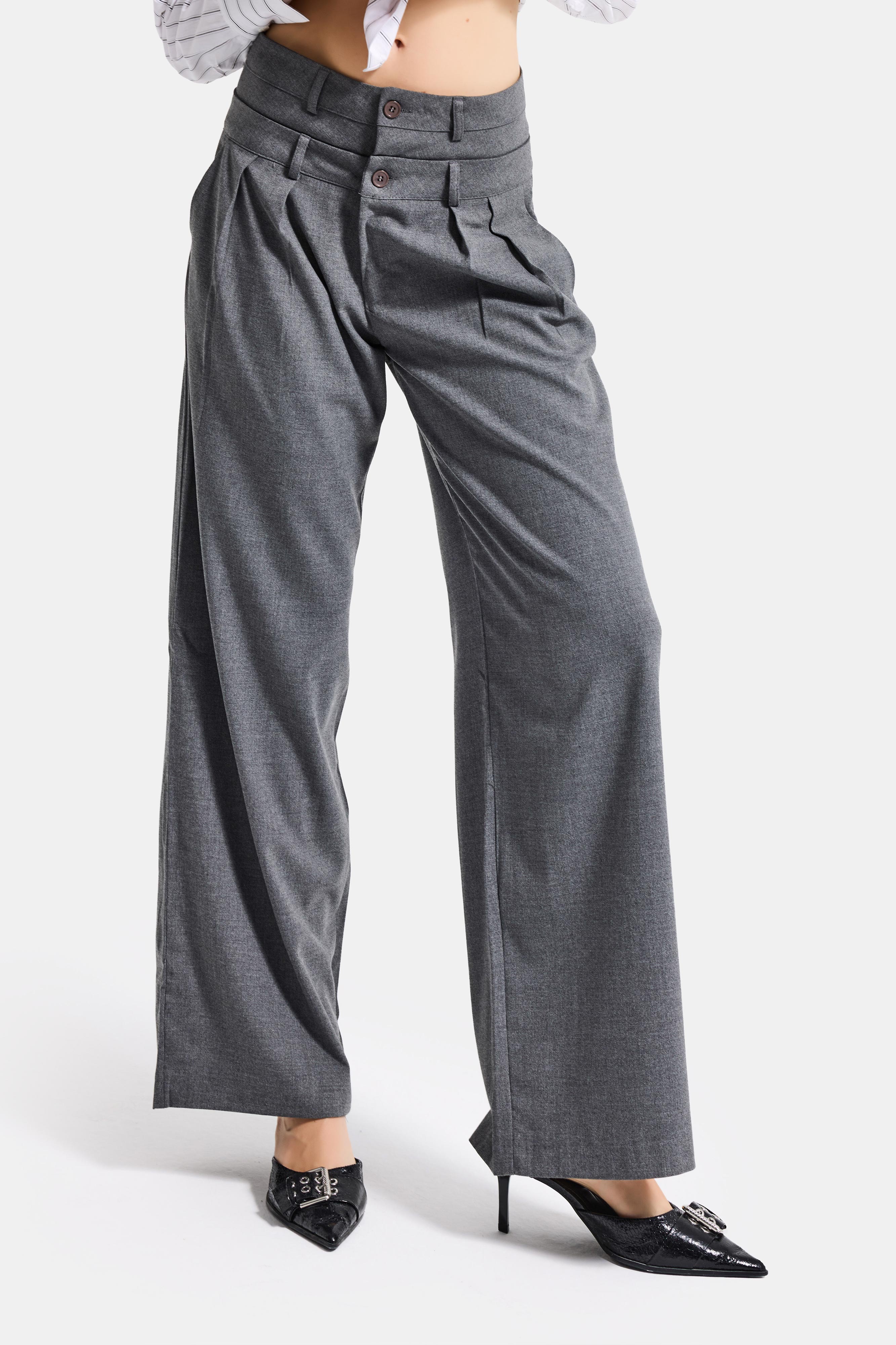 It's Basic Kadın Antrasit s6 Tailored Fit Bol Kesim Çift Kemer Tasarım Poliviskon Kumaş Pantolon