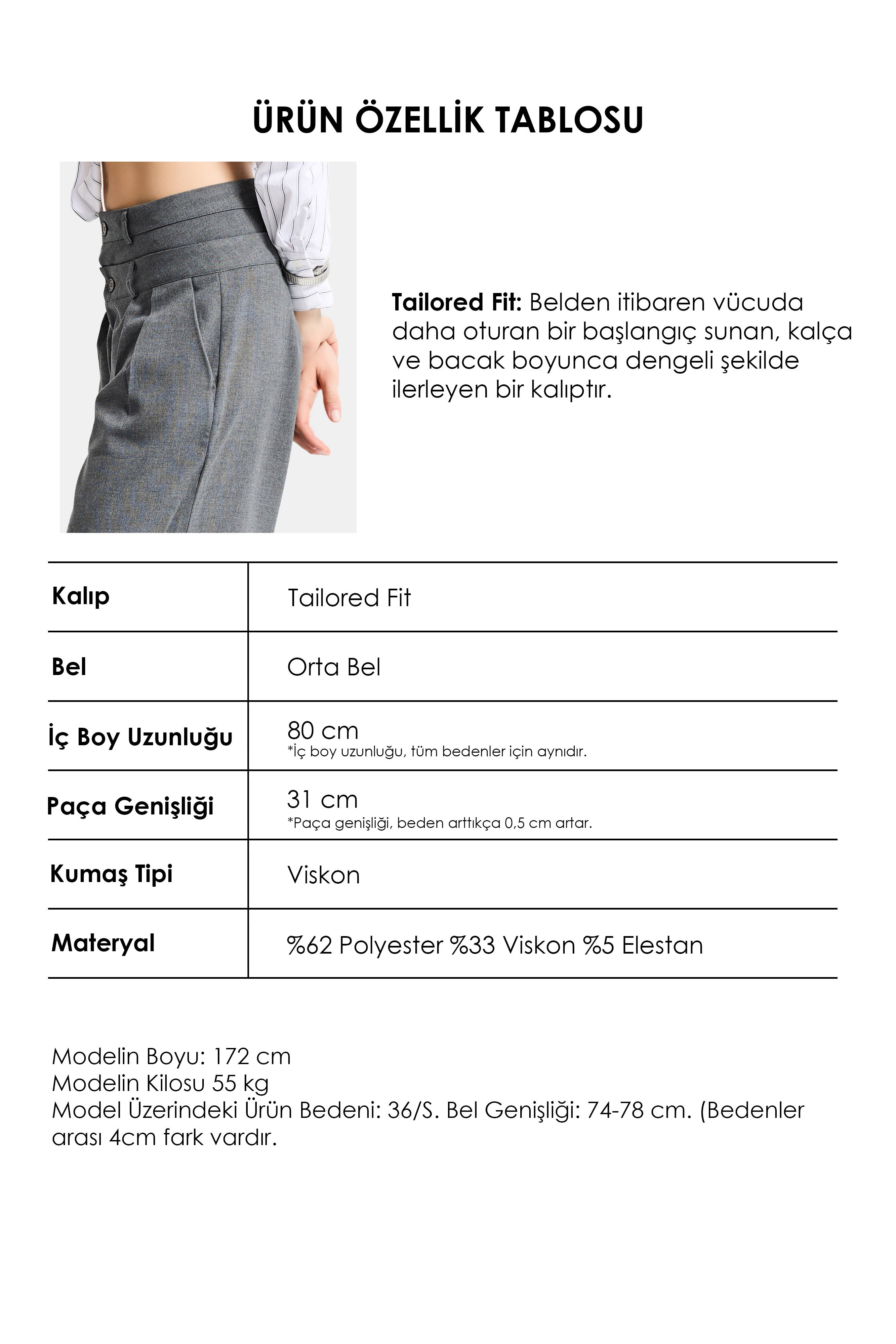 It's Basic Kadın Antrasit s6 Tailored Fit Bol Kesim Çift Kemer Tasarım Poliviskon Kumaş Pantolon görsel 4