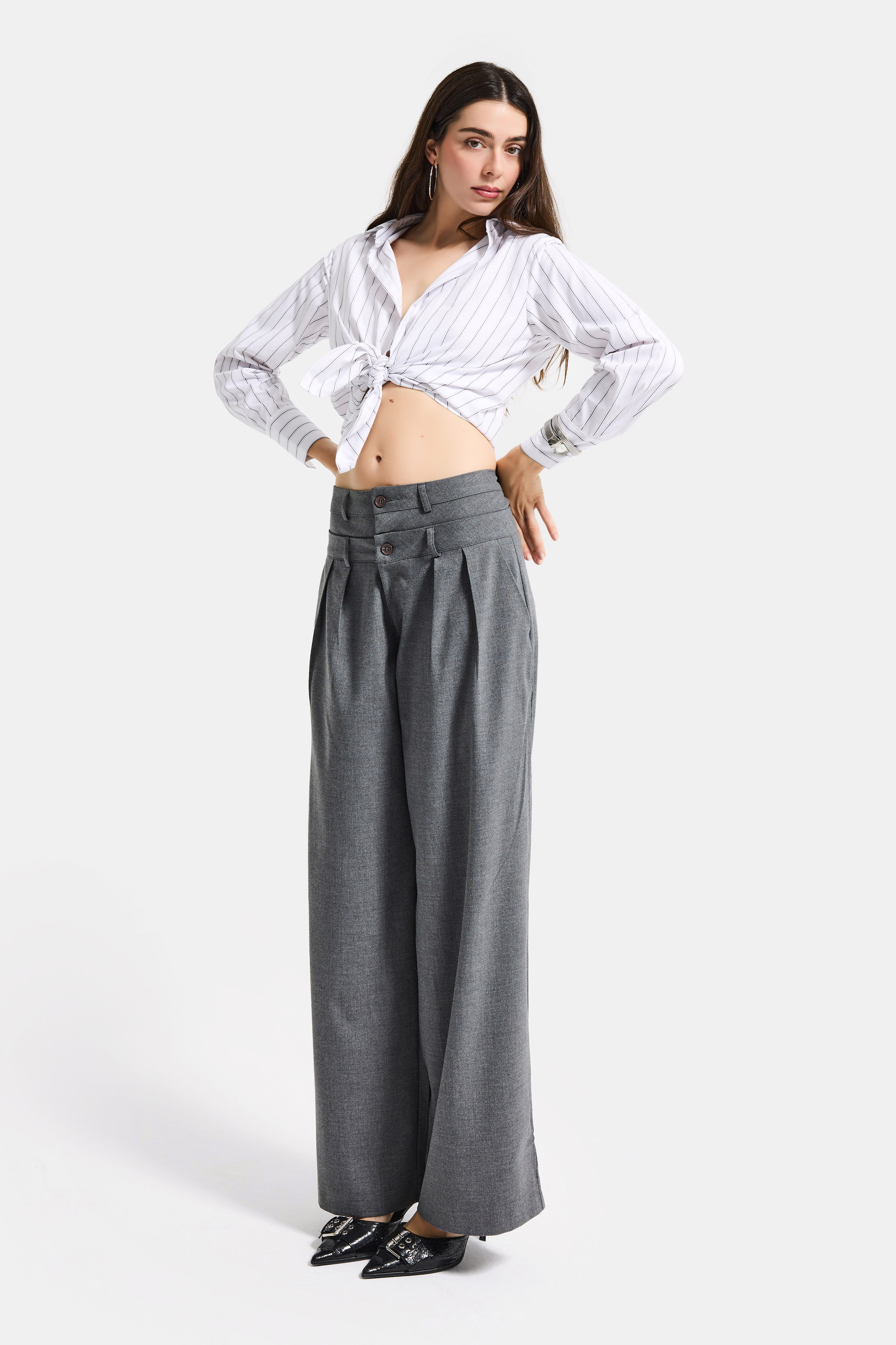 It's Basic Kadın Antrasit s6 Tailored Fit Bol Kesim Çift Kemer Tasarım Poliviskon Kumaş Pantolon görsel 7
