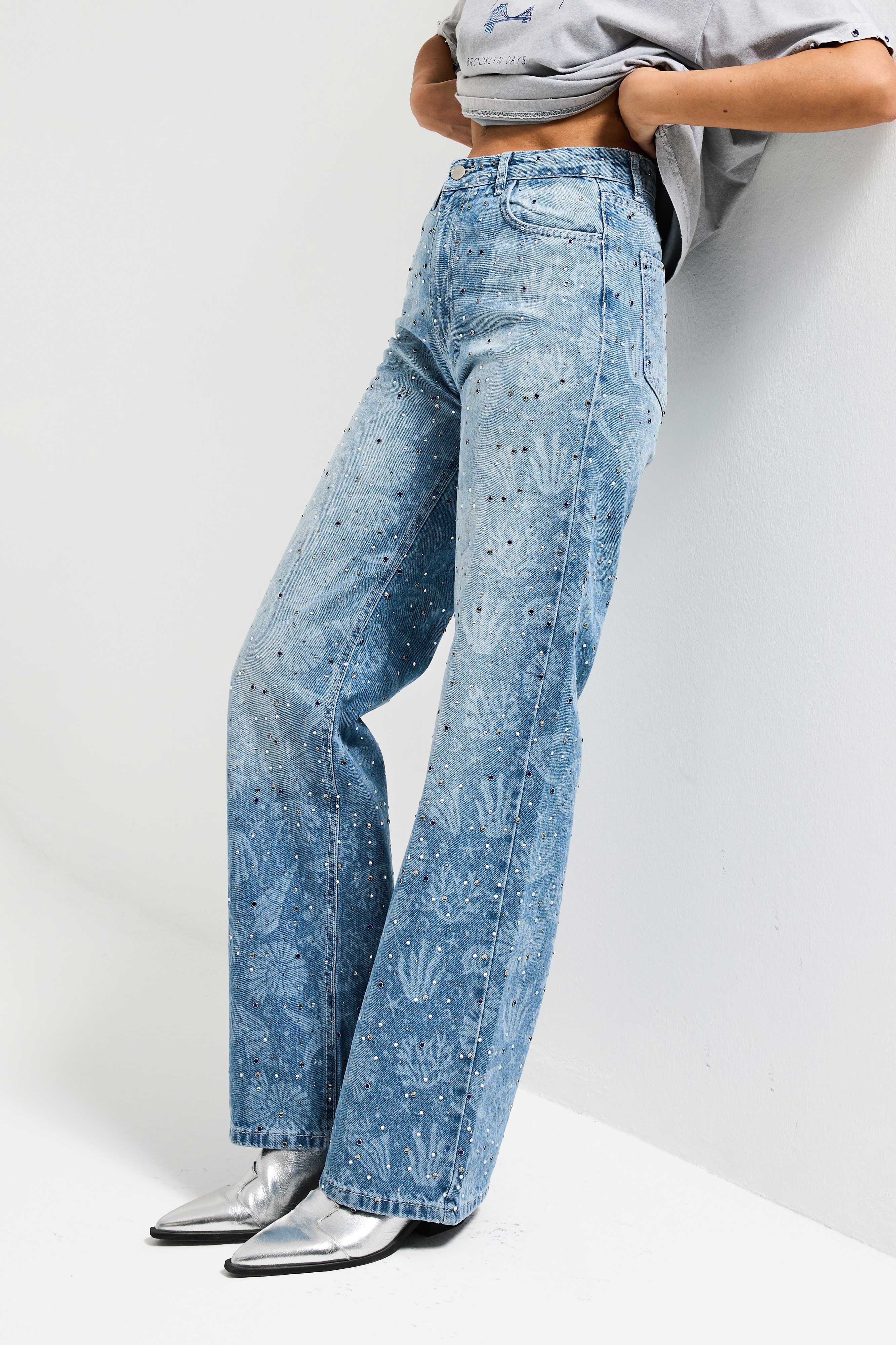 It's Basic Kadın Jean Rengi T-2s6-27 Straight Fit Özel baskılı Kumaş Parlak Taşlı Tasarım Denim Jean