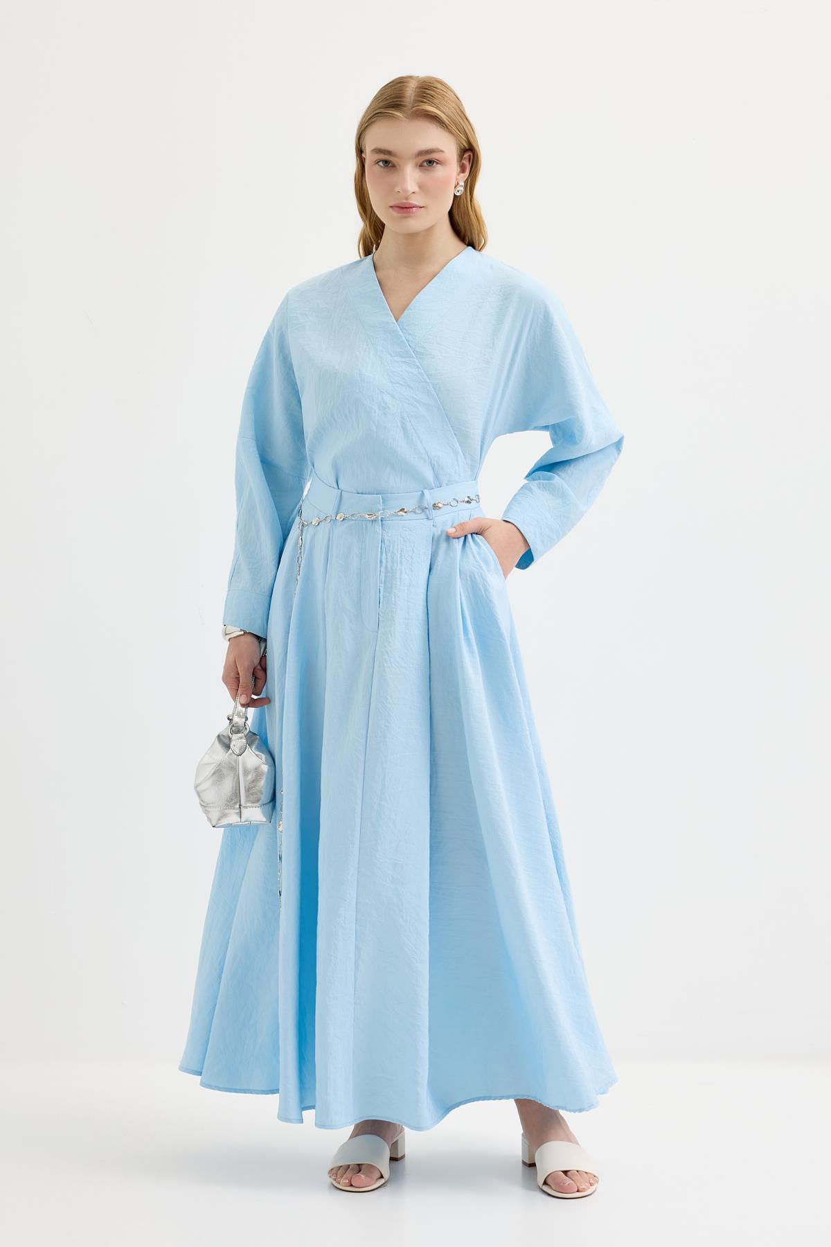Kadriye Baştürk Bağlamalı Kimono Etek Takım Açık Mavi