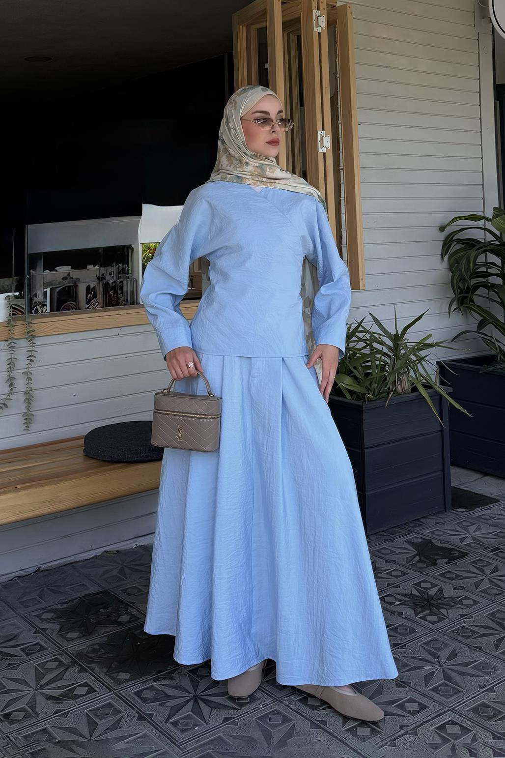 Kadriye Baştürk Bağlamalı Kimono Etek Takım Açık Mavi görsel 6