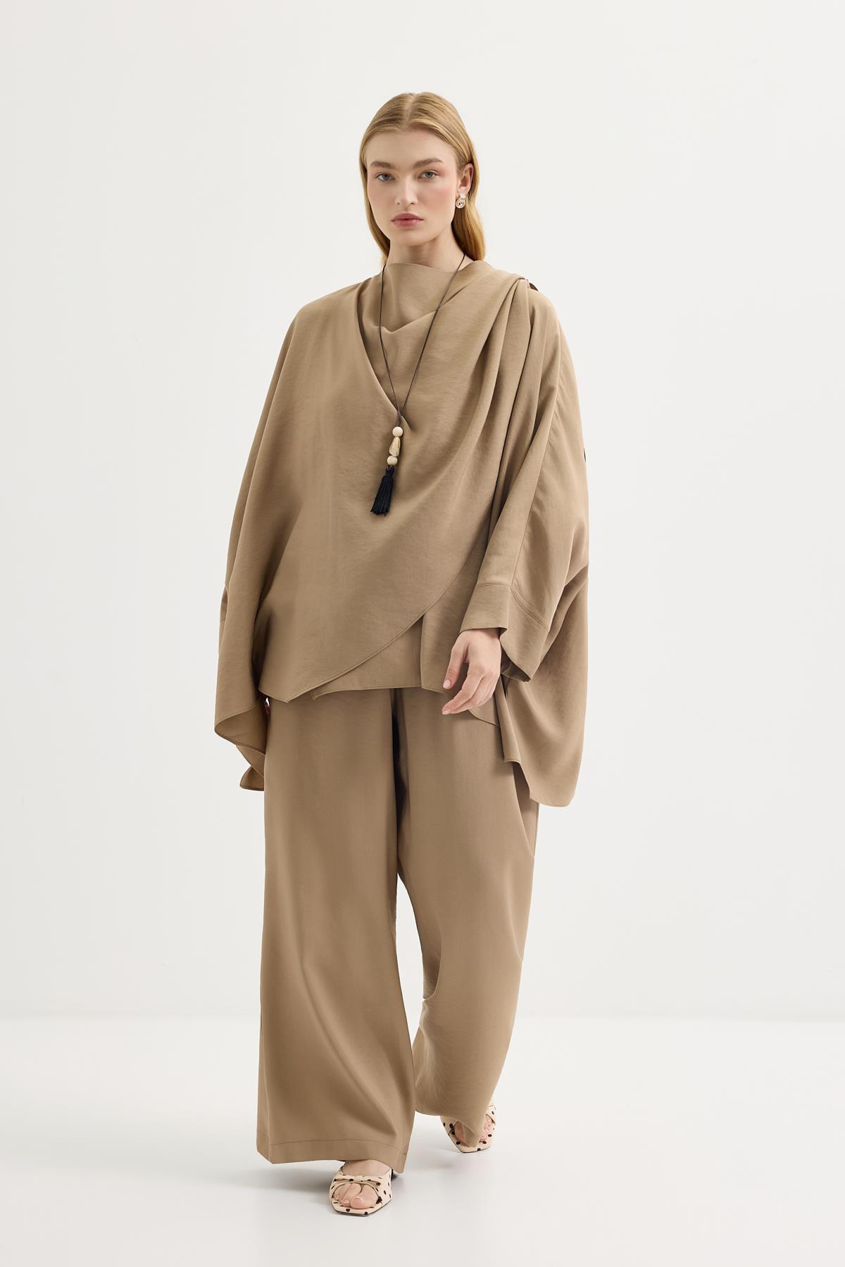Kadriye Baştürk Şal Yaka Modal Tunik Pantolon Takım Camel görsel 3
