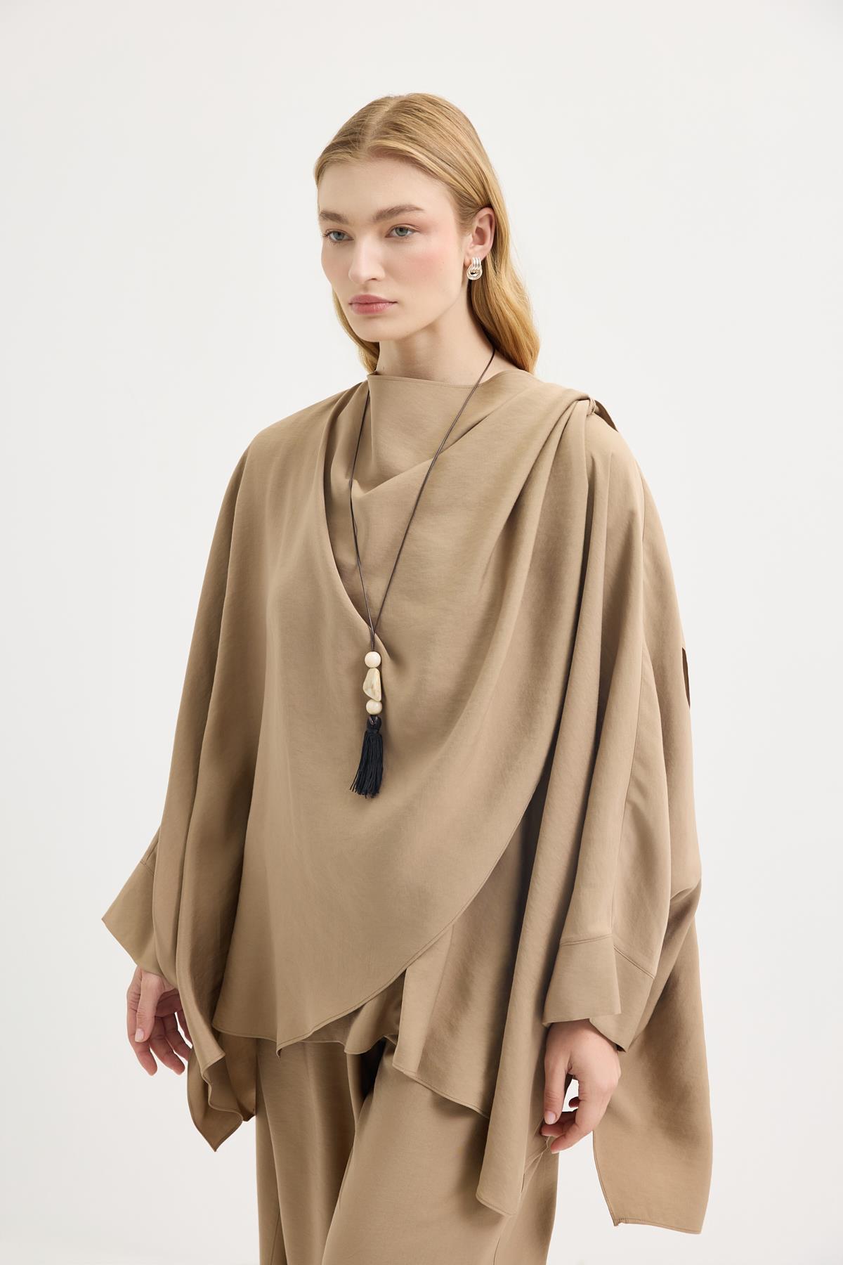 Kadriye Baştürk Şal Yaka Modal Tunik Pantolon Takım Camel görsel 4