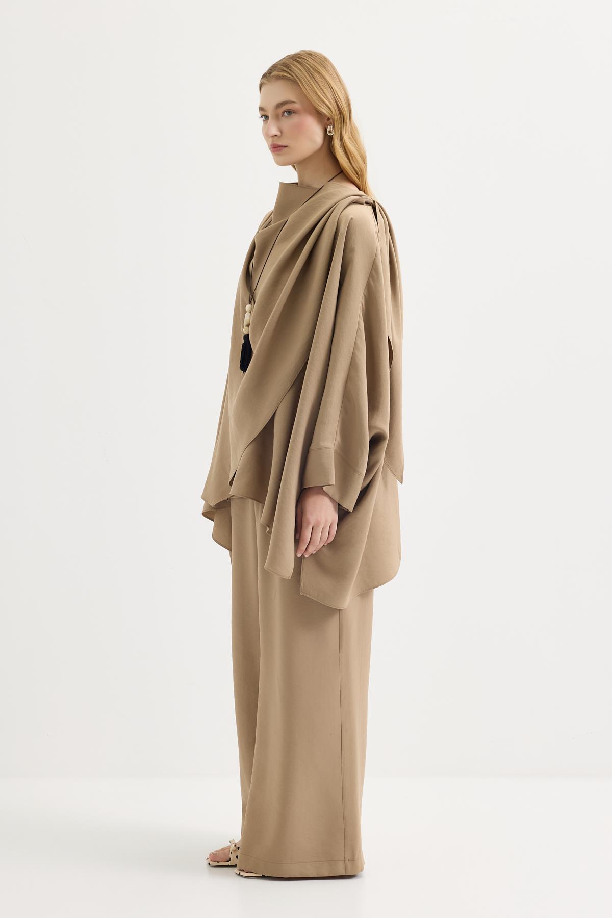 Kadriye Baştürk Şal Yaka Modal Tunik Pantolon Takım Camel görsel 5