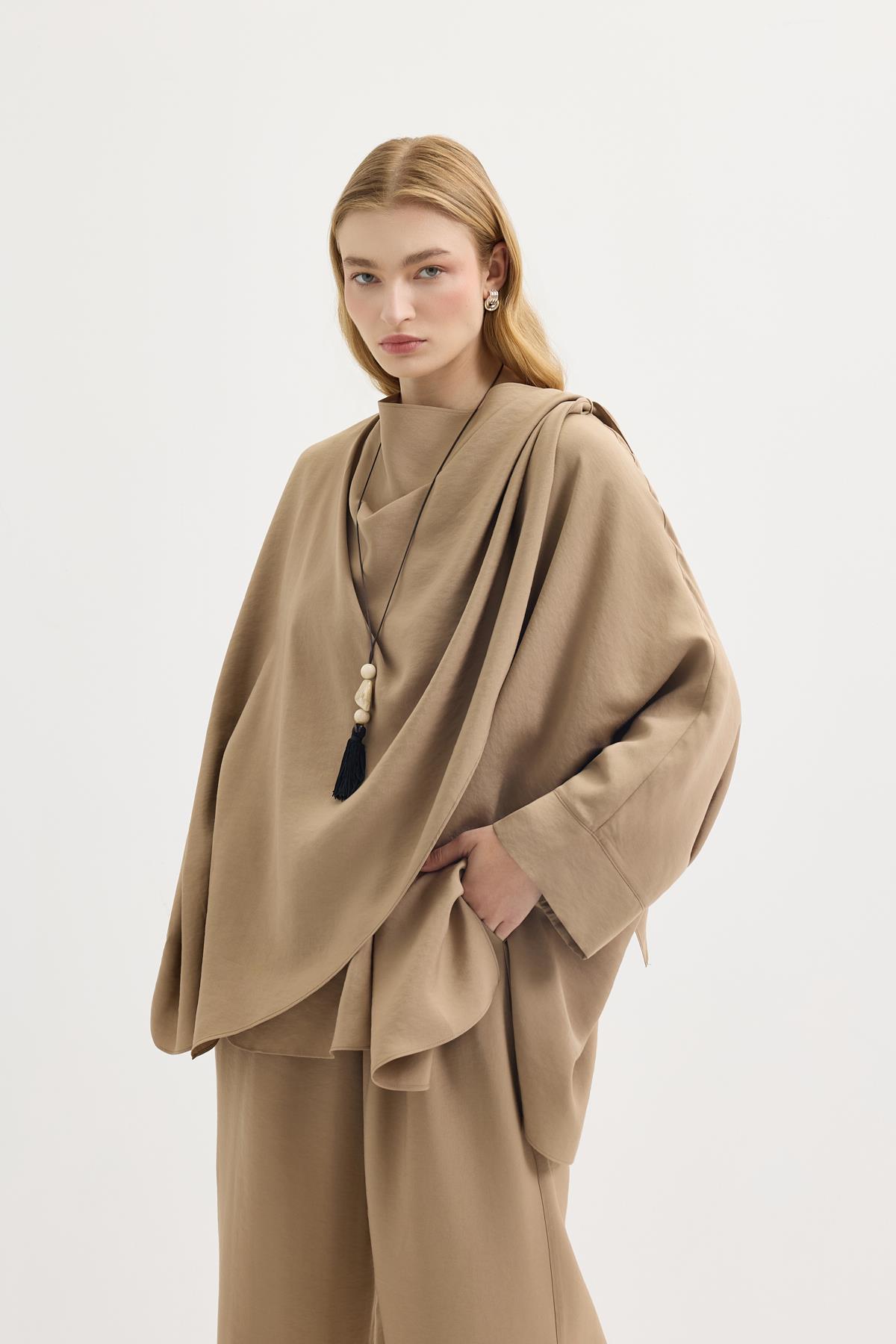 Kadriye Baştürk Şal Yaka Modal Tunik Pantolon Takım Camel görsel 6
