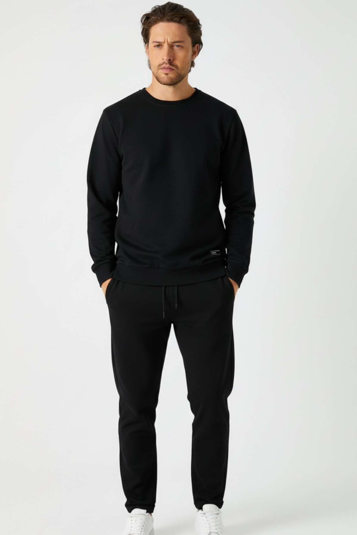 Mmetalic Siyah Relaxed Fit Bisiklet Yaka Sweatshirt Düz Paça Erkek Eşofman Takımı