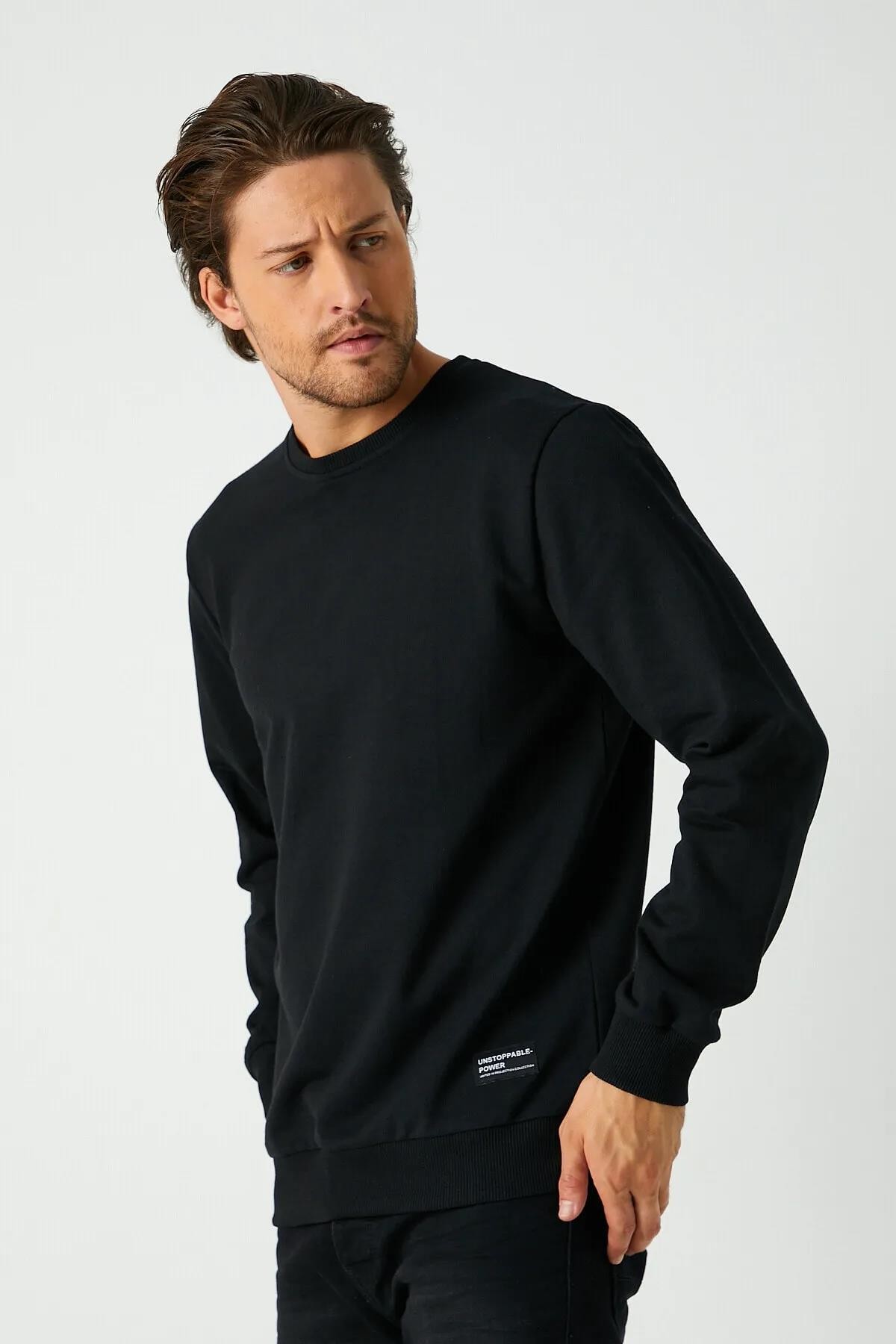 Mmetalic Siyah Relaxed Fit Bisiklet Yaka Sweatshirt Düz Paça Erkek Eşofman Takımı görsel 5