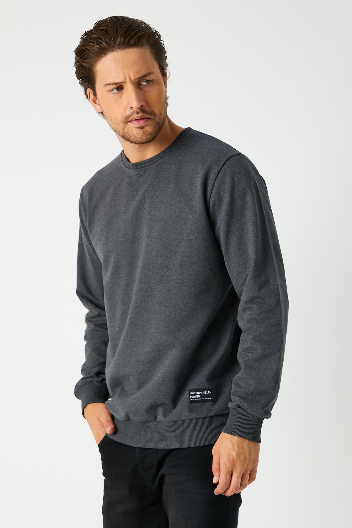 Mmetalic Antrasit Relaxed Fit Bisiklet Yaka Sweatshirt Düz Paça Erkek Eşofman Takımı görsel 3