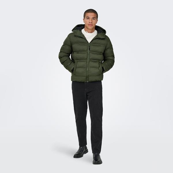 Only&Sons Union Seamless Life Puffer Erkek Haki Kapüşonlu Mont