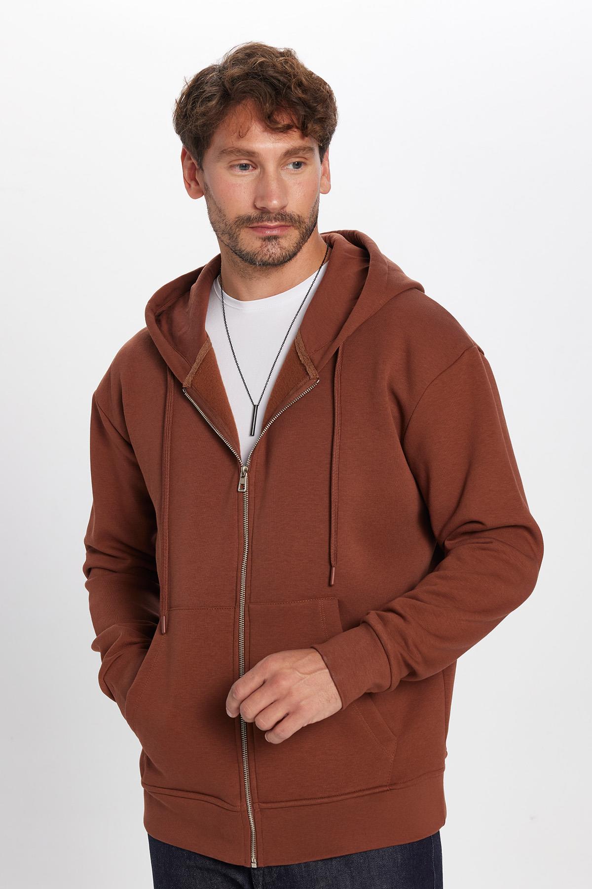 TUDORS Unisex Relax Fit Rahat Kesim Pamuklu İçi Polarlı Çift Cep Kahverengi Kapüşonlu Fermuarlı Sweatshirt