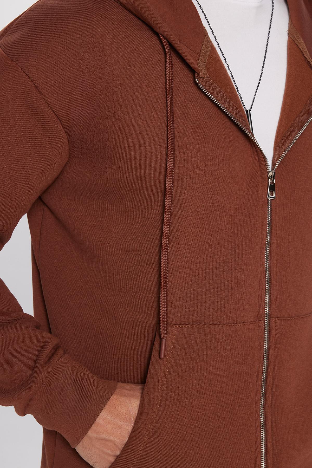 TUDORS Unisex Relax Fit Rahat Kesim Pamuklu İçi Polarlı Çift Cep Kahverengi Kapüşonlu Fermuarlı Sweatshirt görsel 3