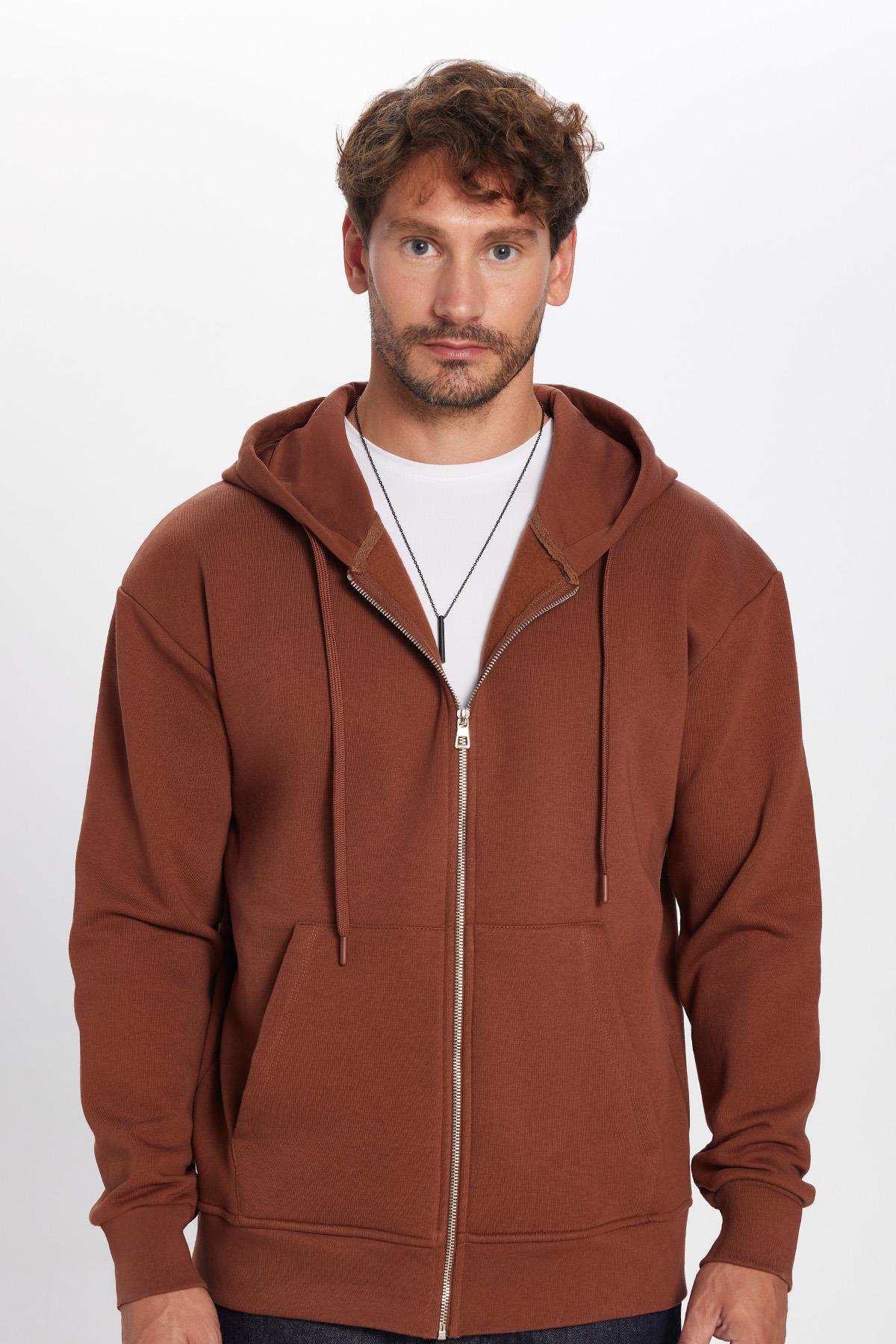 TUDORS Unisex Relax Fit Rahat Kesim Pamuklu İçi Polarlı Çift Cep Kahverengi Kapüşonlu Fermuarlı Sweatshirt görsel 4