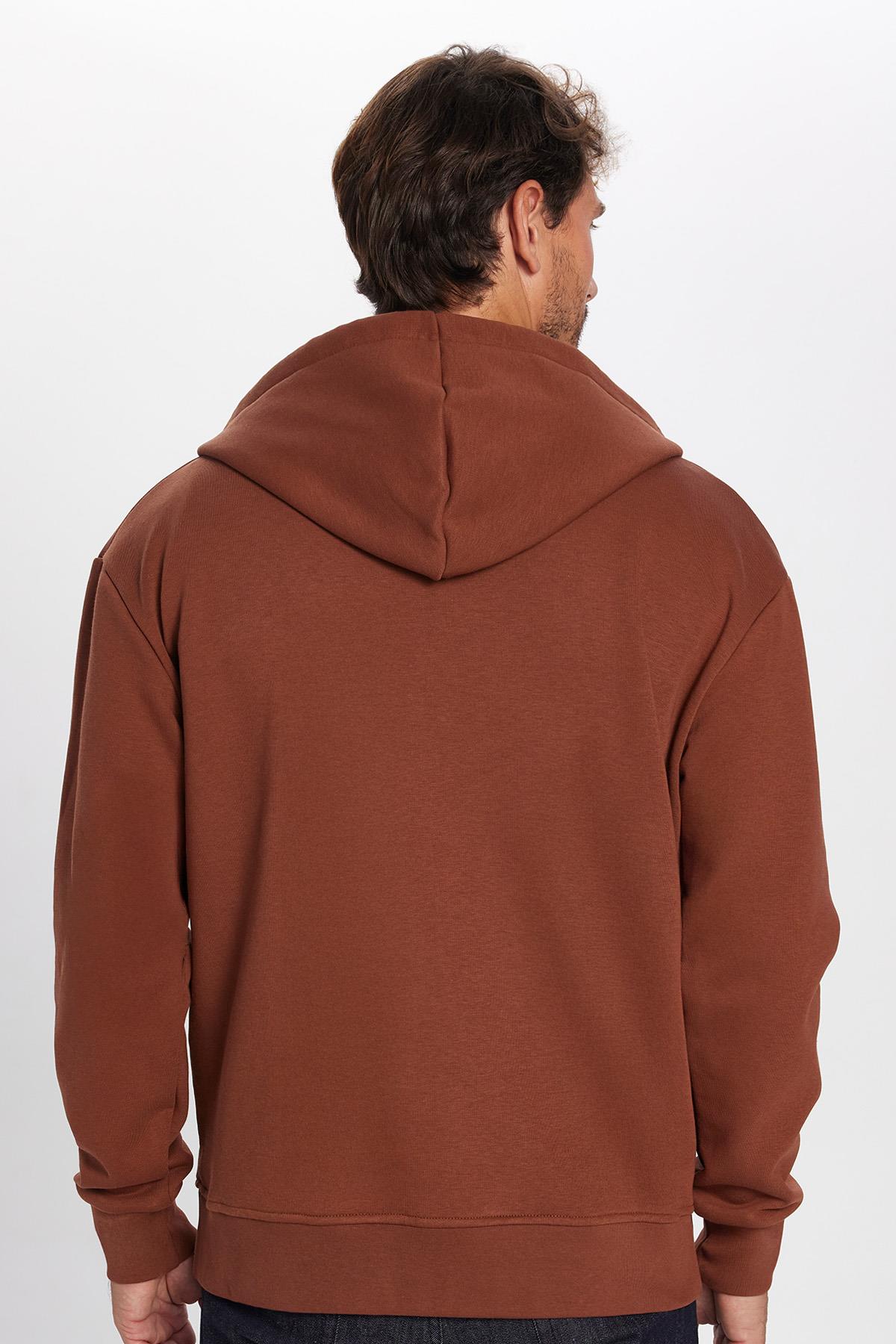 TUDORS Unisex Relax Fit Rahat Kesim Pamuklu İçi Polarlı Çift Cep Kahverengi Kapüşonlu Fermuarlı Sweatshirt görsel 5