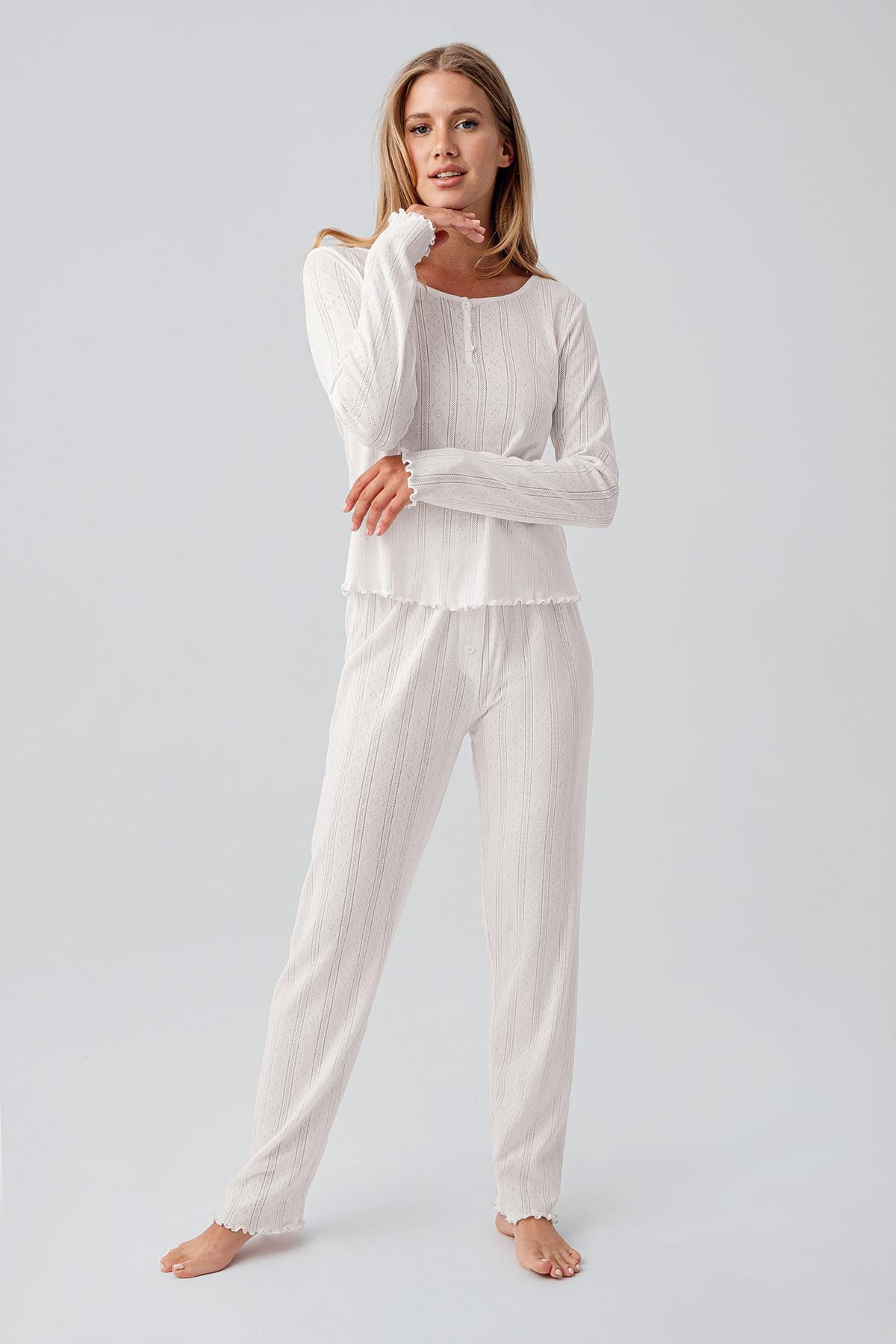 Artış Uzun Kollu Ajurlu Düğmeli Esnek Pamuklu Pijama Takım 18213