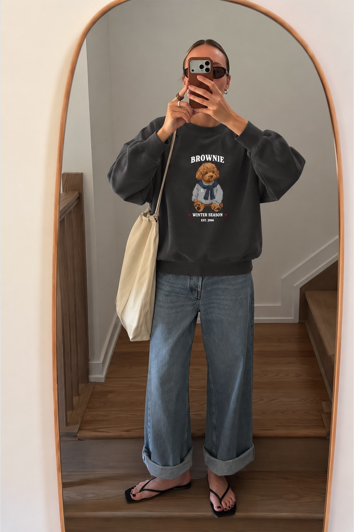 Monila Kadın Premium Kumaş 3 İplik Şardonlu Ayıcık Baskılı Sweatshirt