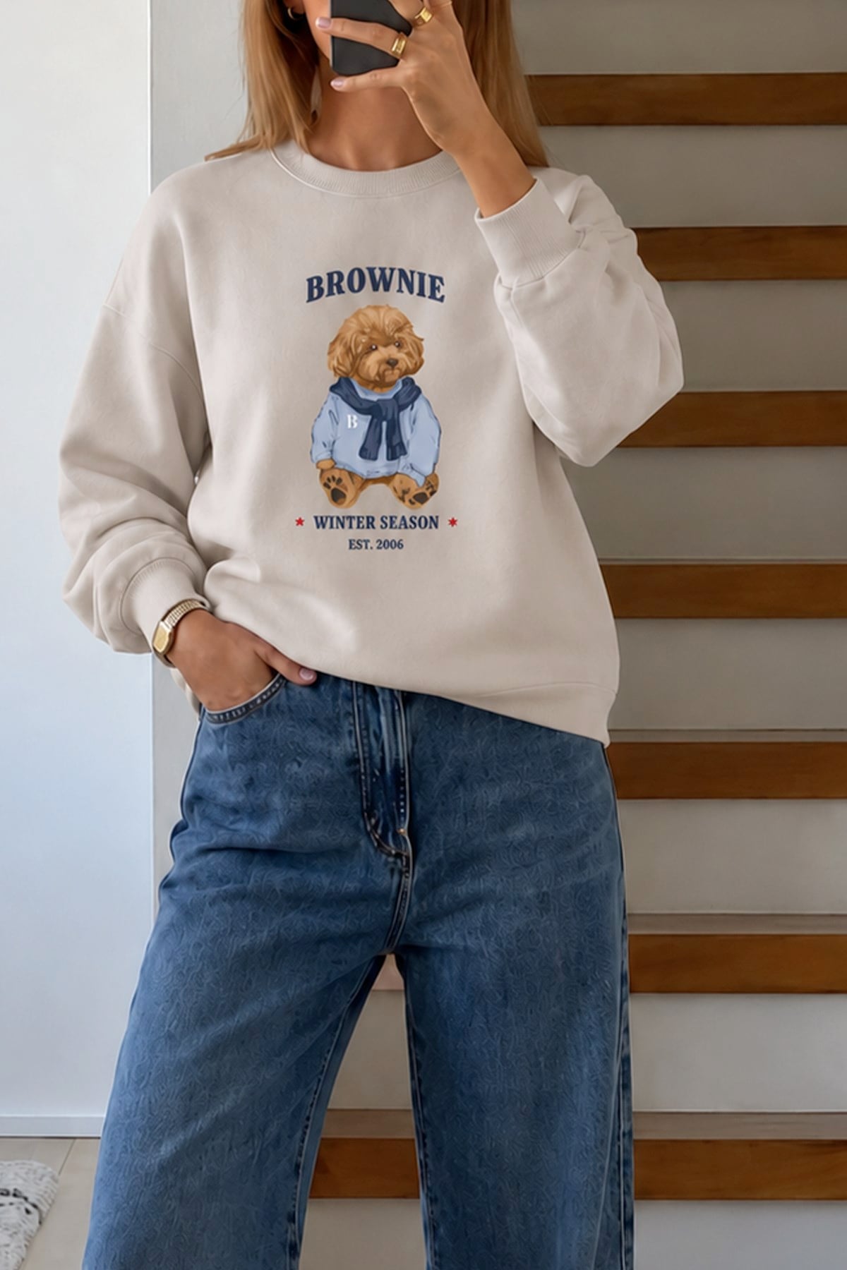 Monila Kadın Premium Kumaş 3 İplik Şardonlu Ayıcık Baskılı Sweatshirt