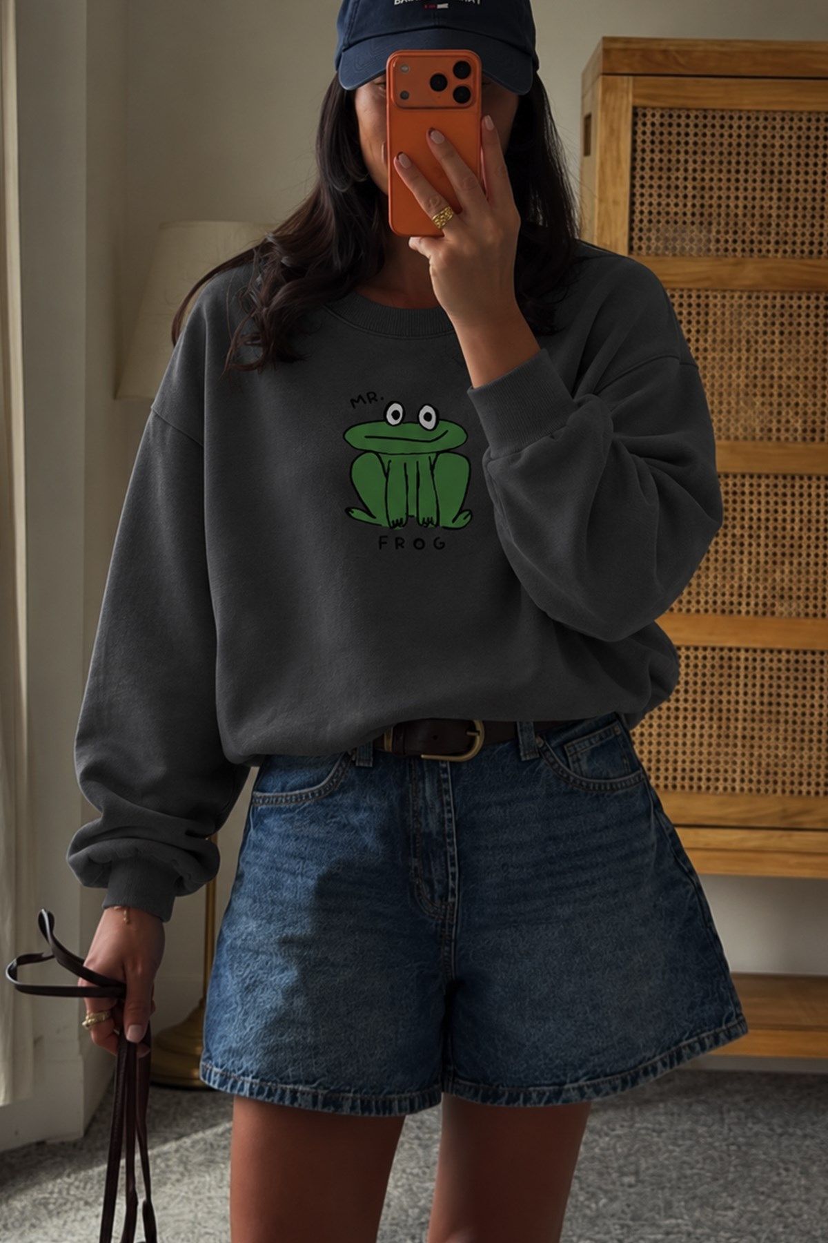 Monila Kadın Premium Kumaş 3 İplik Şardonlu Kurbağa Baskılı Sweatshirt