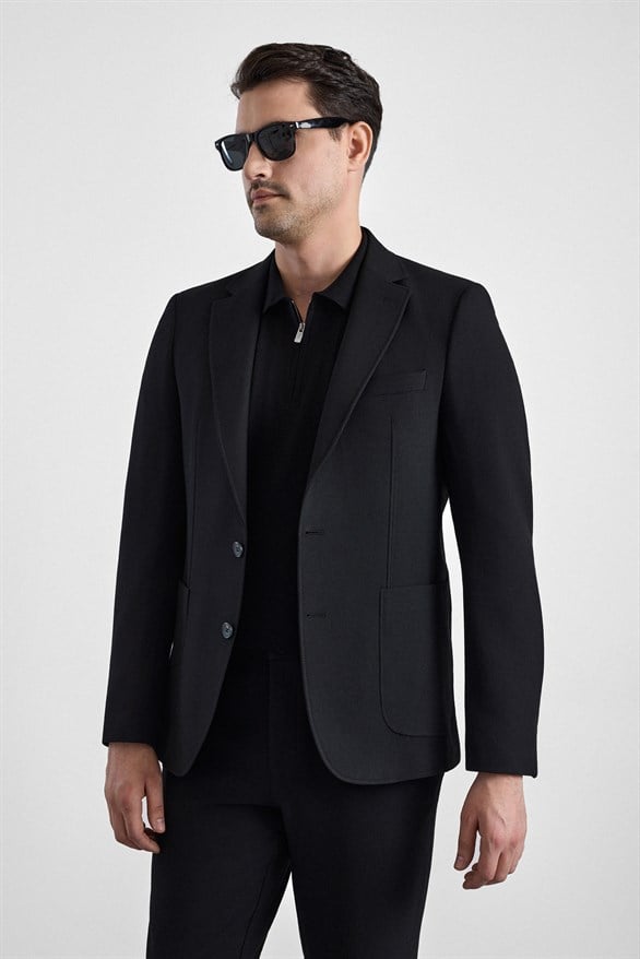 Süvari Siyah Slim Mono Yaka Düz Torba Cep 6 Drop Takım Elbise görsel 2