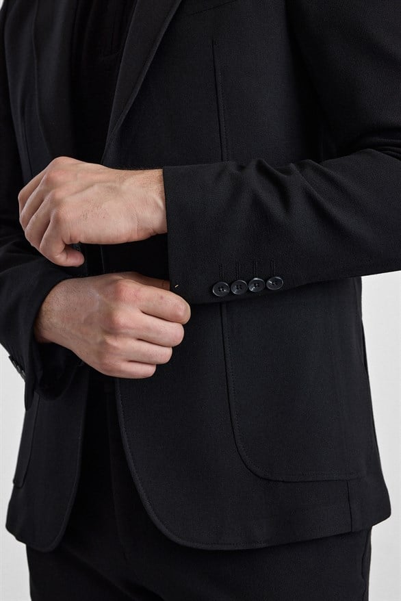 Süvari Siyah Slim Mono Yaka Düz Torba Cep 6 Drop Takım Elbise görsel 5