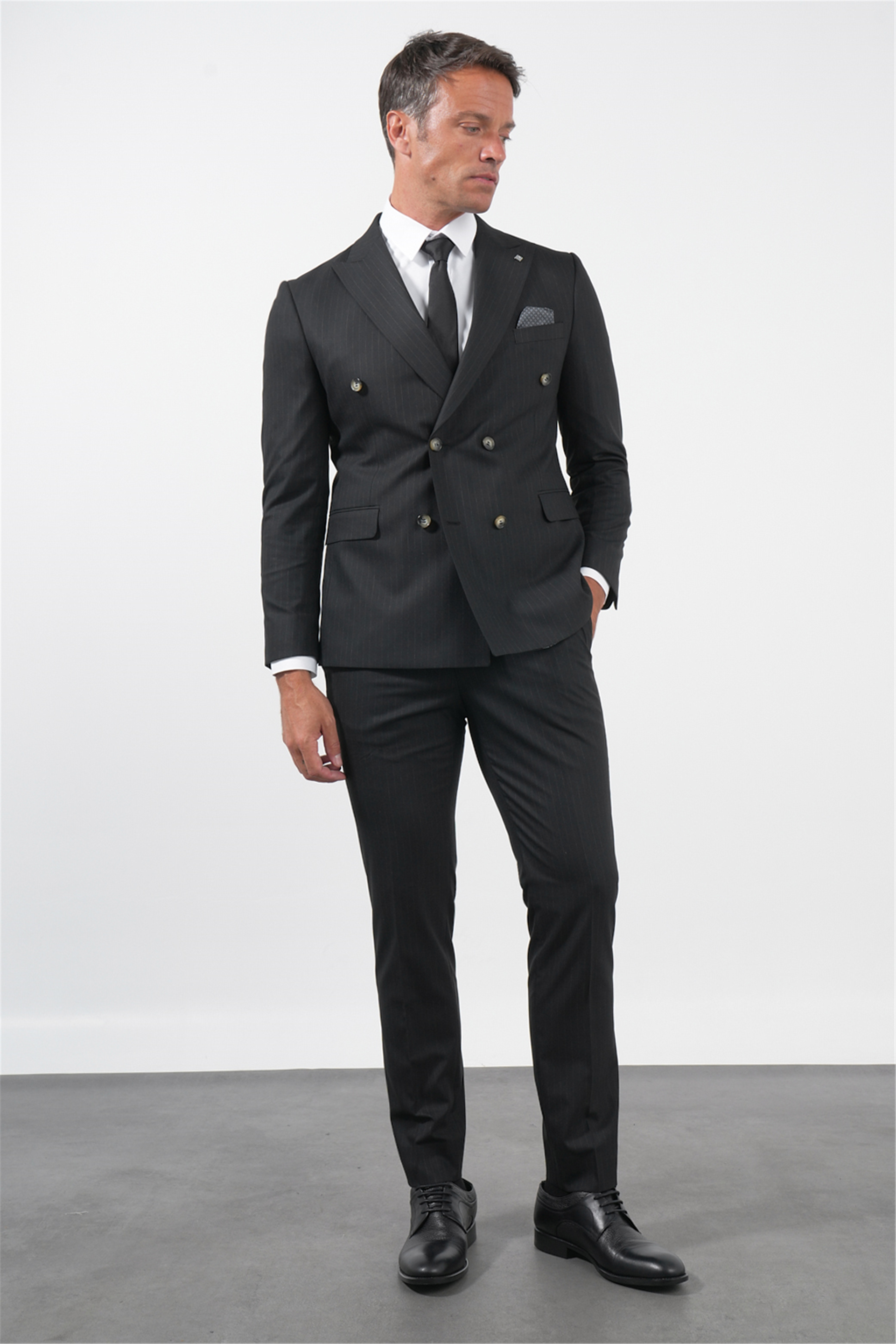 İMZA Siyah-Gri Kılıç Yaka Düz Bez Ayağı Kruvaze 6 Drop Slim Fit Esnek Takım Elbise 1001260173