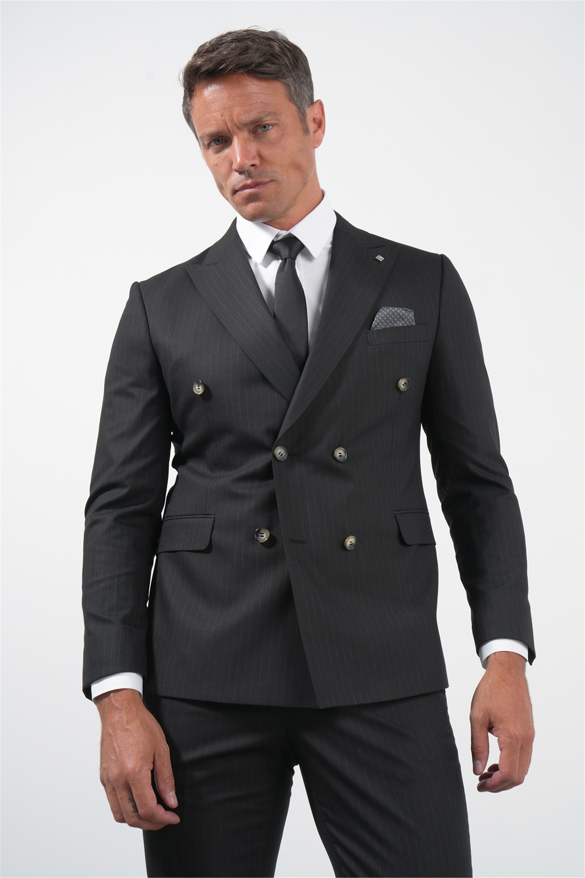 İMZA Siyah-Gri Kılıç Yaka Düz Bez Ayağı Kruvaze 6 Drop Slim Fit Esnek Takım Elbise 1001260173 görsel 2