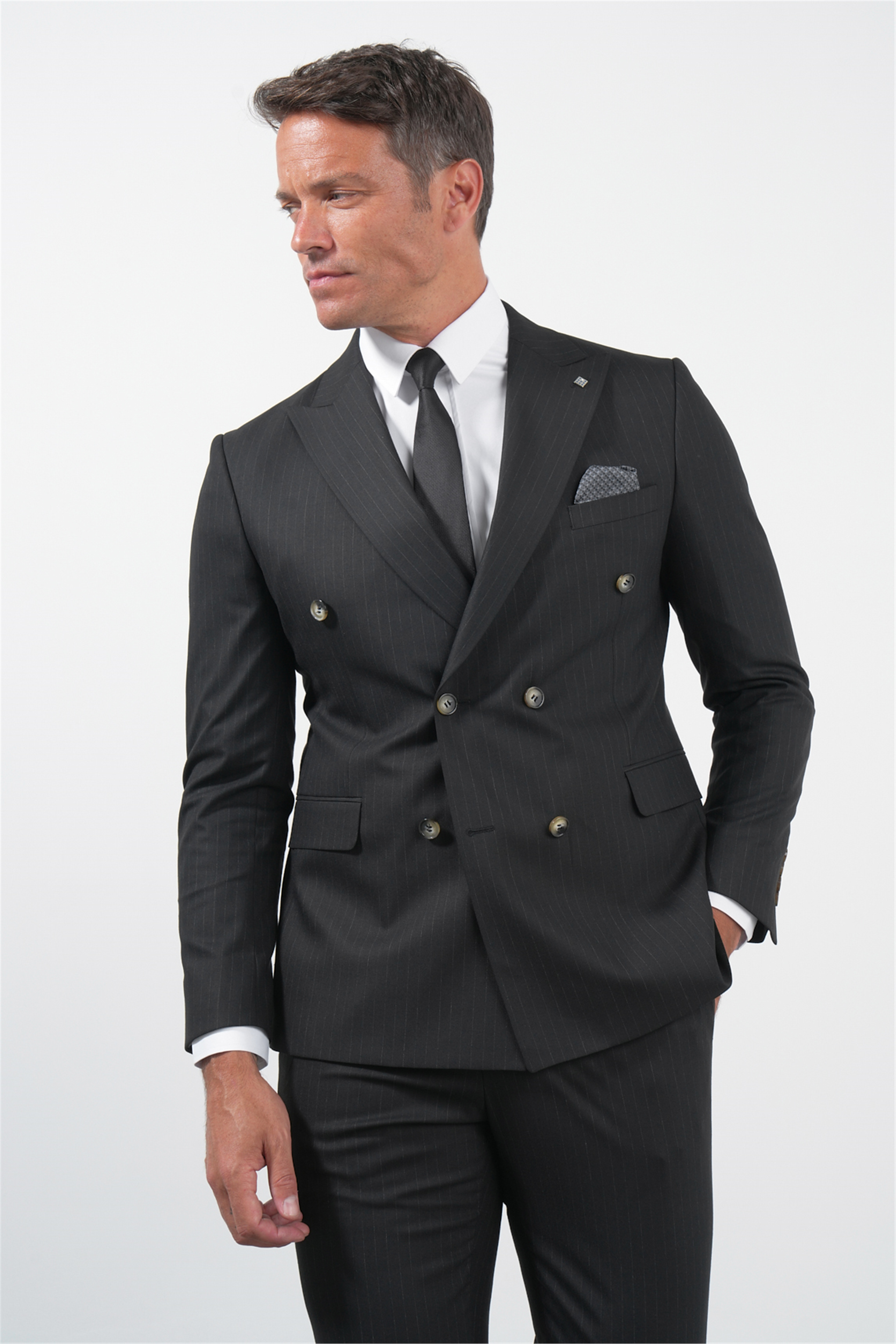 İMZA Siyah-Gri Kılıç Yaka Düz Bez Ayağı Kruvaze 6 Drop Slim Fit Esnek Takım Elbise 1001260173 görsel 3