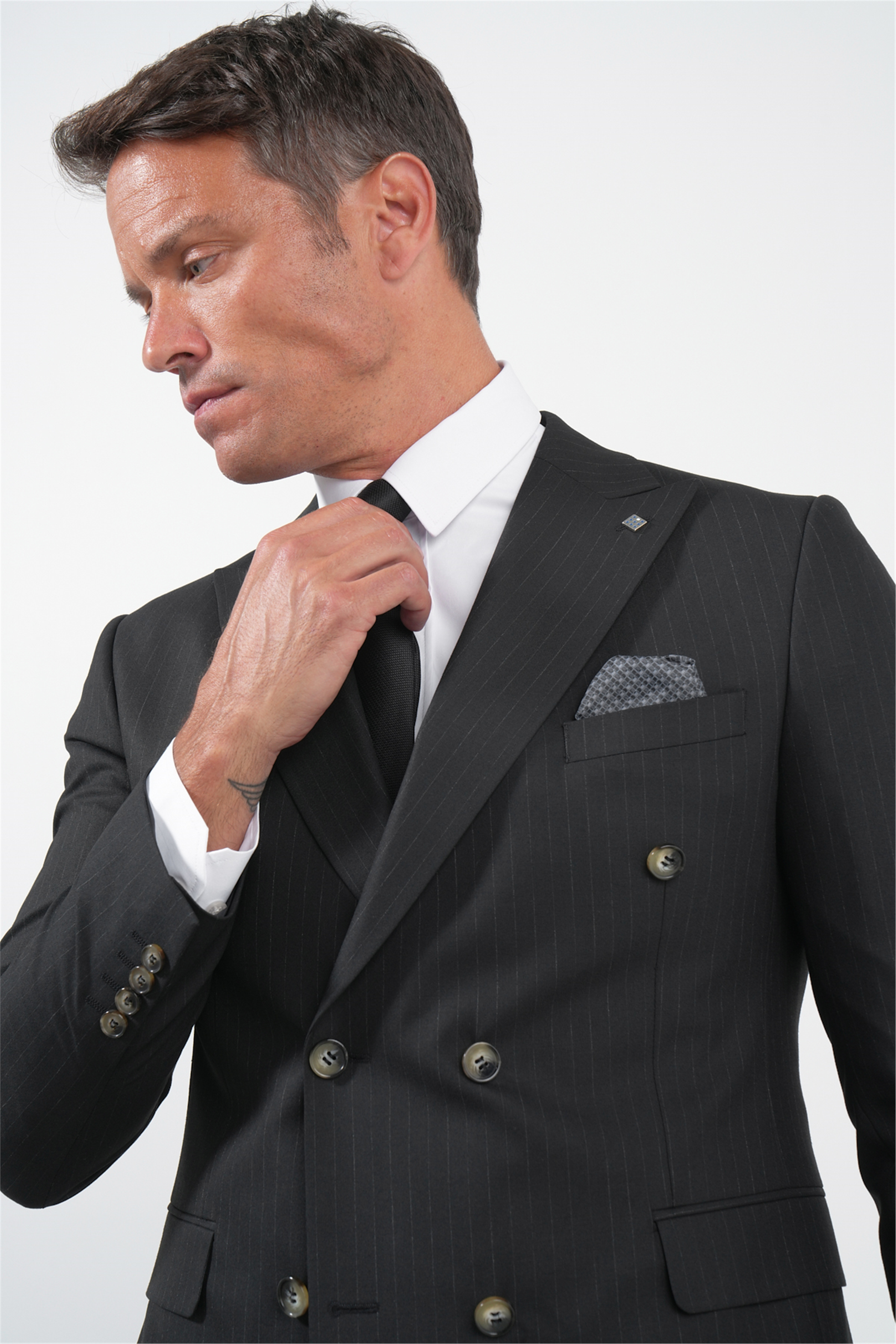 İMZA Siyah-Gri Kılıç Yaka Düz Bez Ayağı Kruvaze 6 Drop Slim Fit Esnek Takım Elbise 1001260173 görsel 4