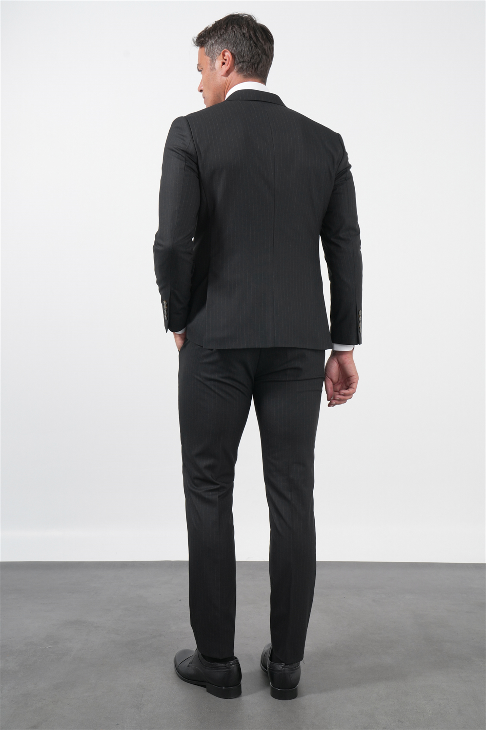 İMZA Siyah-Gri Kılıç Yaka Düz Bez Ayağı Kruvaze 6 Drop Slim Fit Esnek Takım Elbise 1001260173 görsel 5