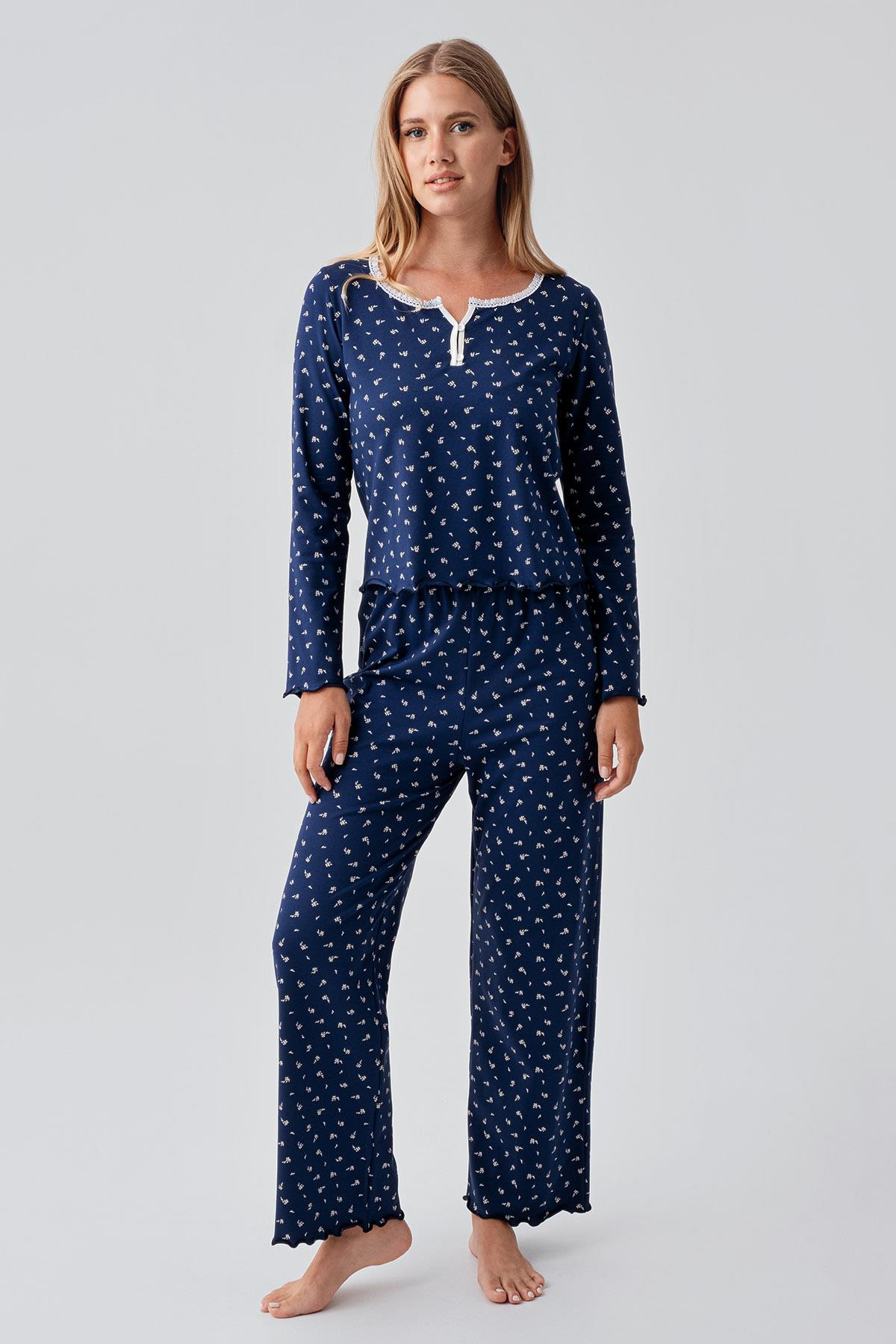 Artış Uzun Kollu Desenli Düğmeli Esnek Pamuklu Pijama Takım 18202