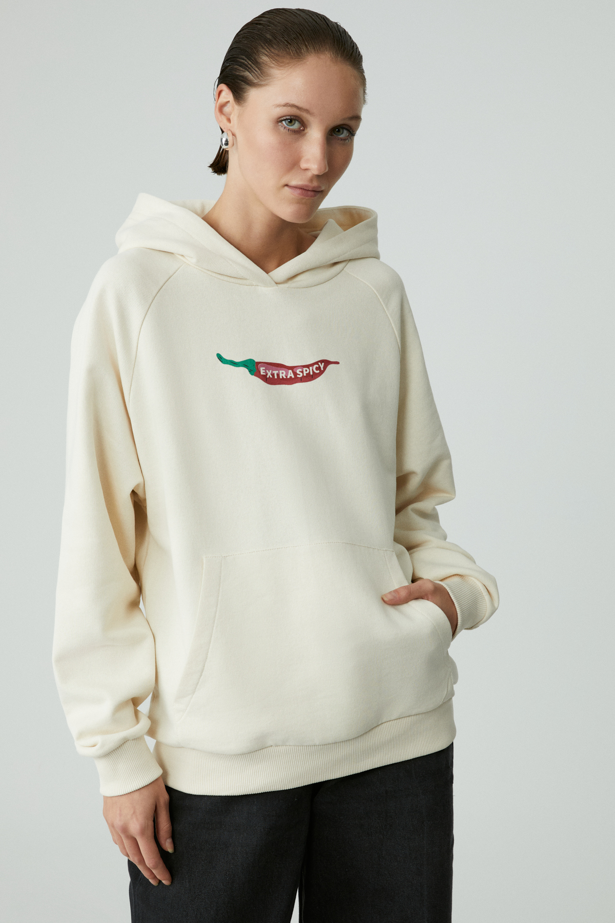 GRIMELANGE CHILLI Kadın Oversize Şardonlu Kapüşonlu Baskılı Kanguru Cepli EKRU Sweatshirt