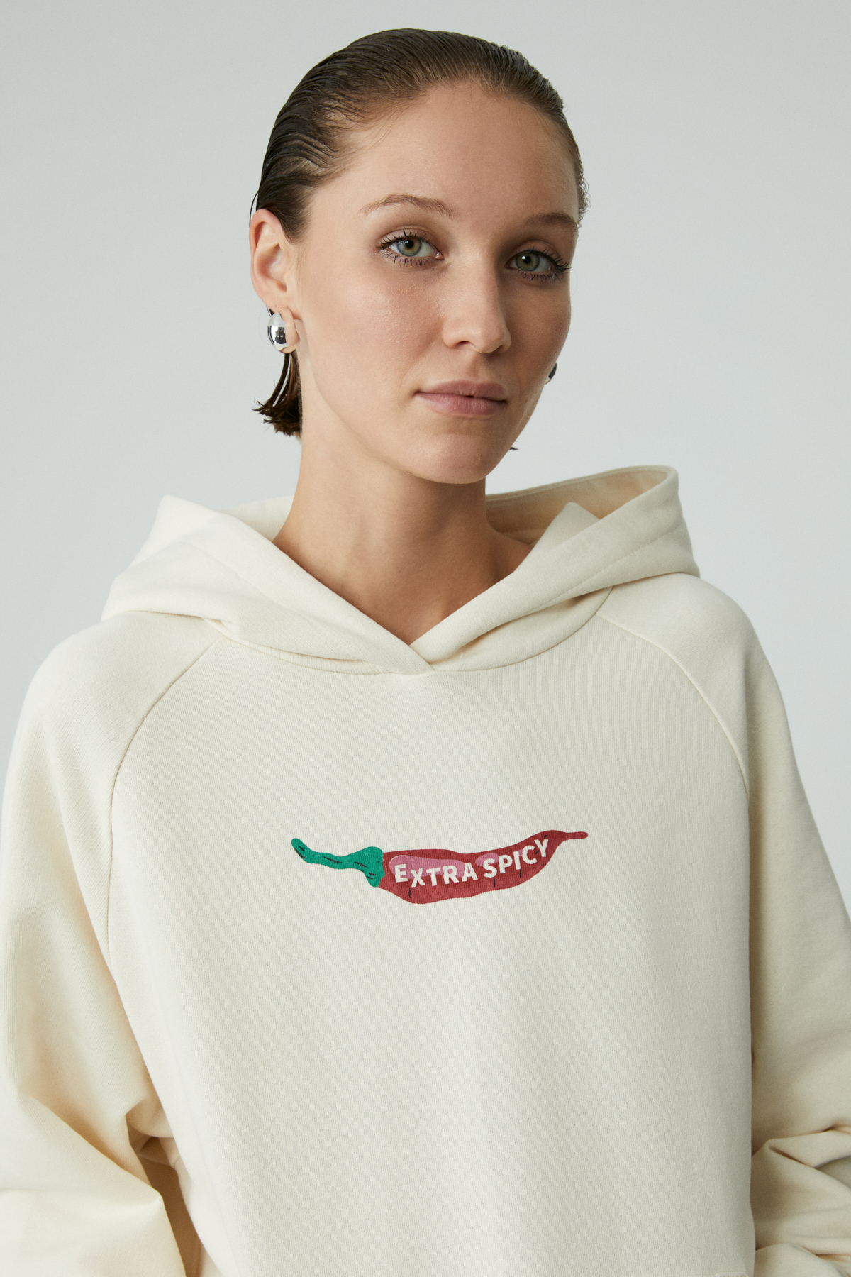 GRIMELANGE CHILLI Kadın Oversize Şardonlu Kapüşonlu Baskılı Kanguru Cepli EKRU Sweatshirt görsel 4