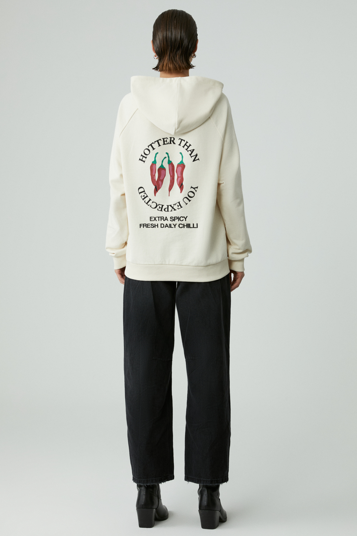 GRIMELANGE CHILLI Kadın Oversize Şardonlu Kapüşonlu Baskılı Kanguru Cepli EKRU Sweatshirt görsel 5