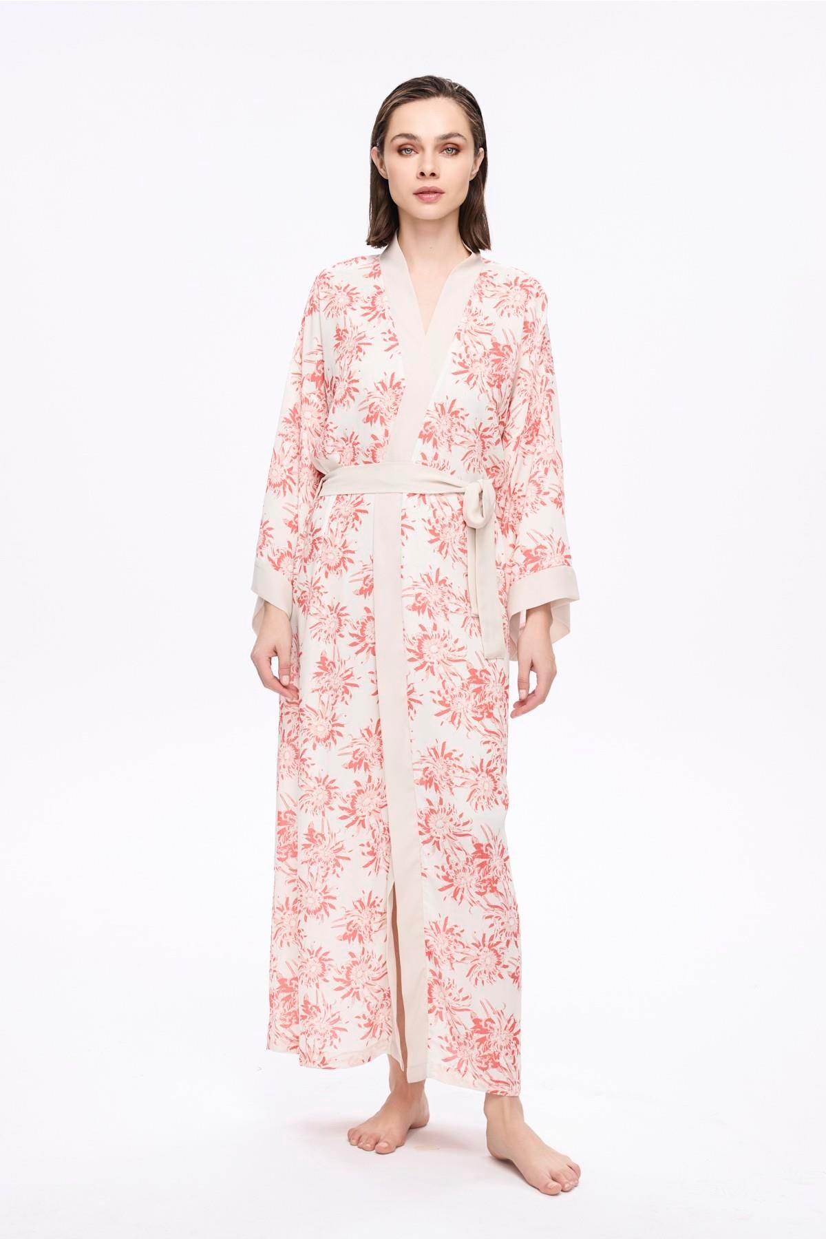 Haşema Pembe Çiçek Desenli Uzun Kimono 5043