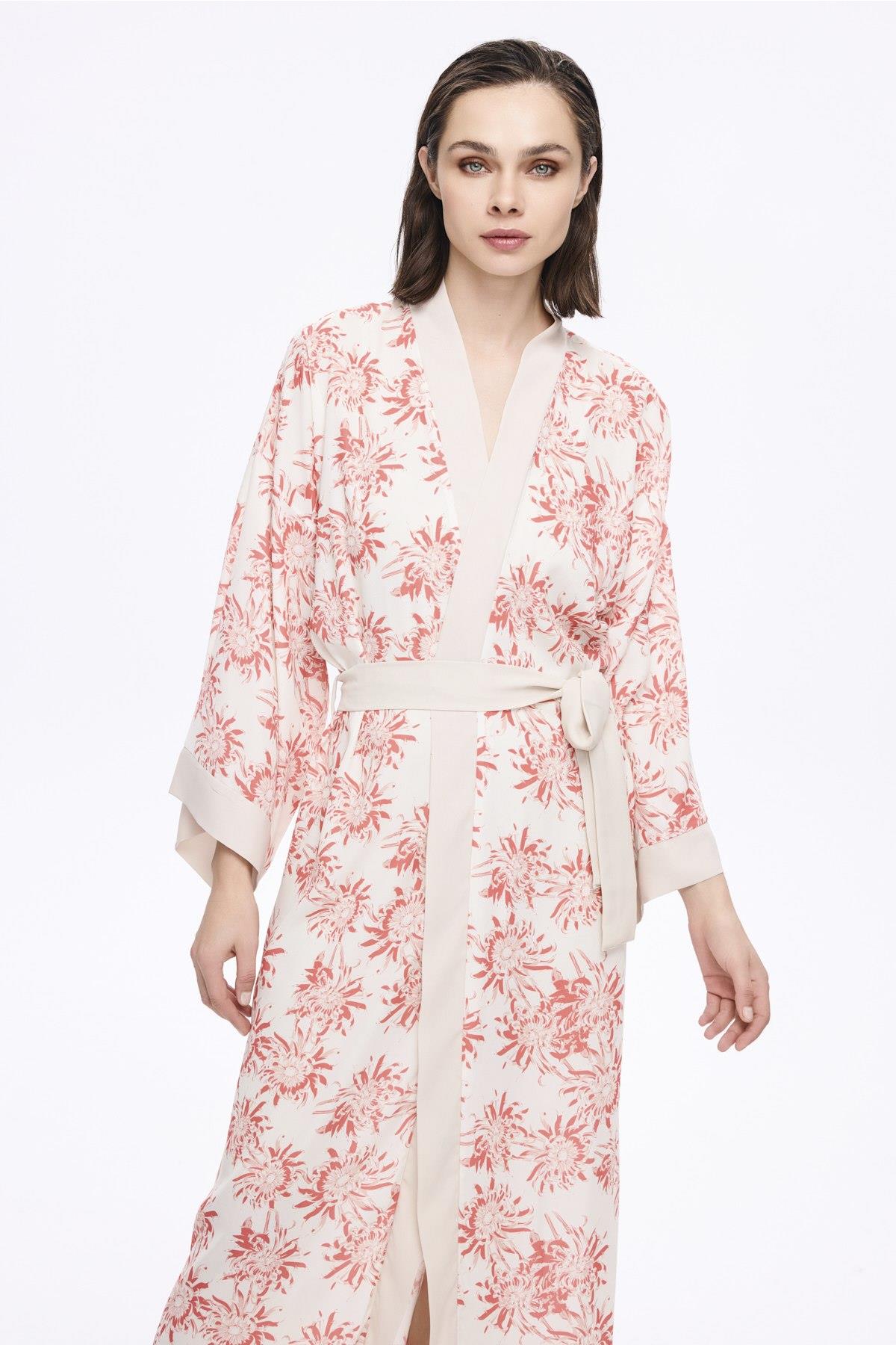 Haşema Pembe Çiçek Desenli Uzun Kimono 5043 görsel 2