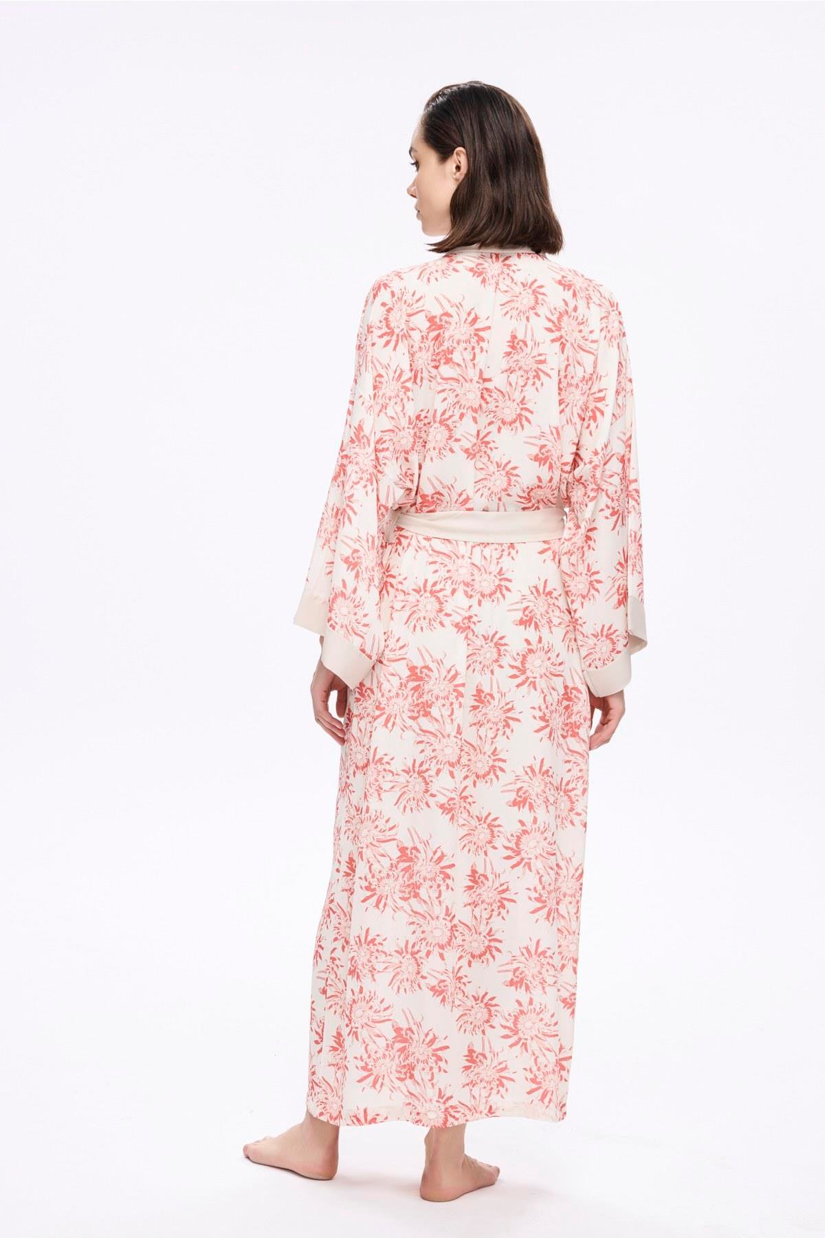 Haşema Pembe Çiçek Desenli Uzun Kimono 5043 görsel 4