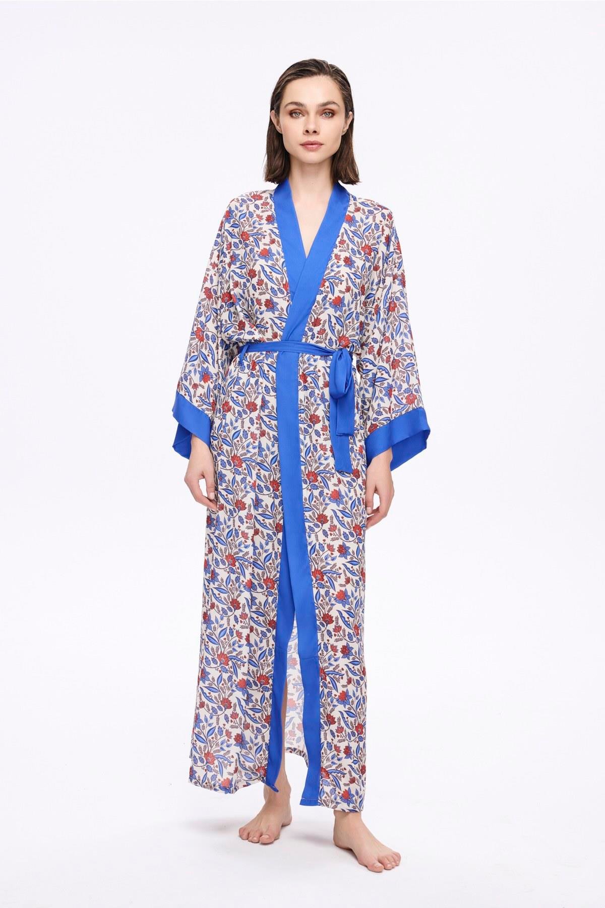 Haşema Mavi Çiçek Desenli Uzun Kimono 5049