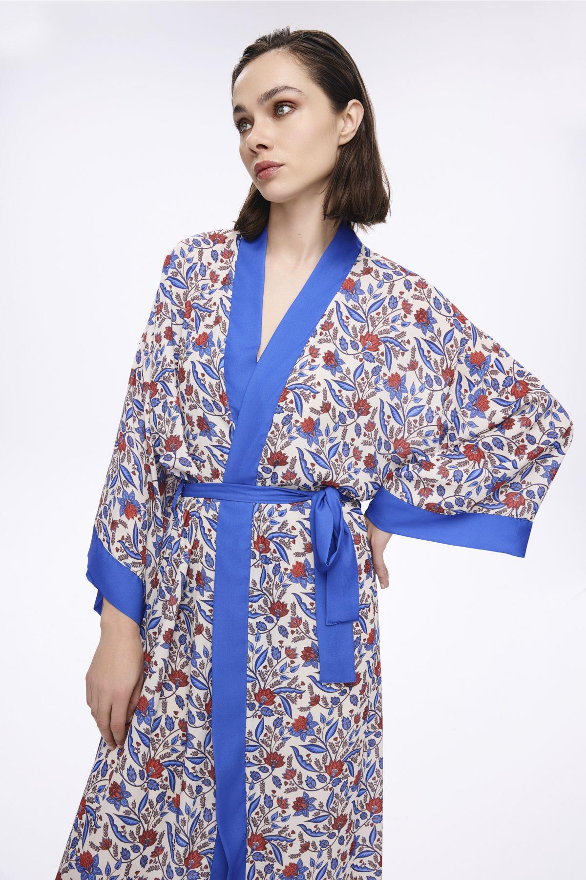 Haşema Mavi Çiçek Desenli Uzun Kimono 5049 görsel 2