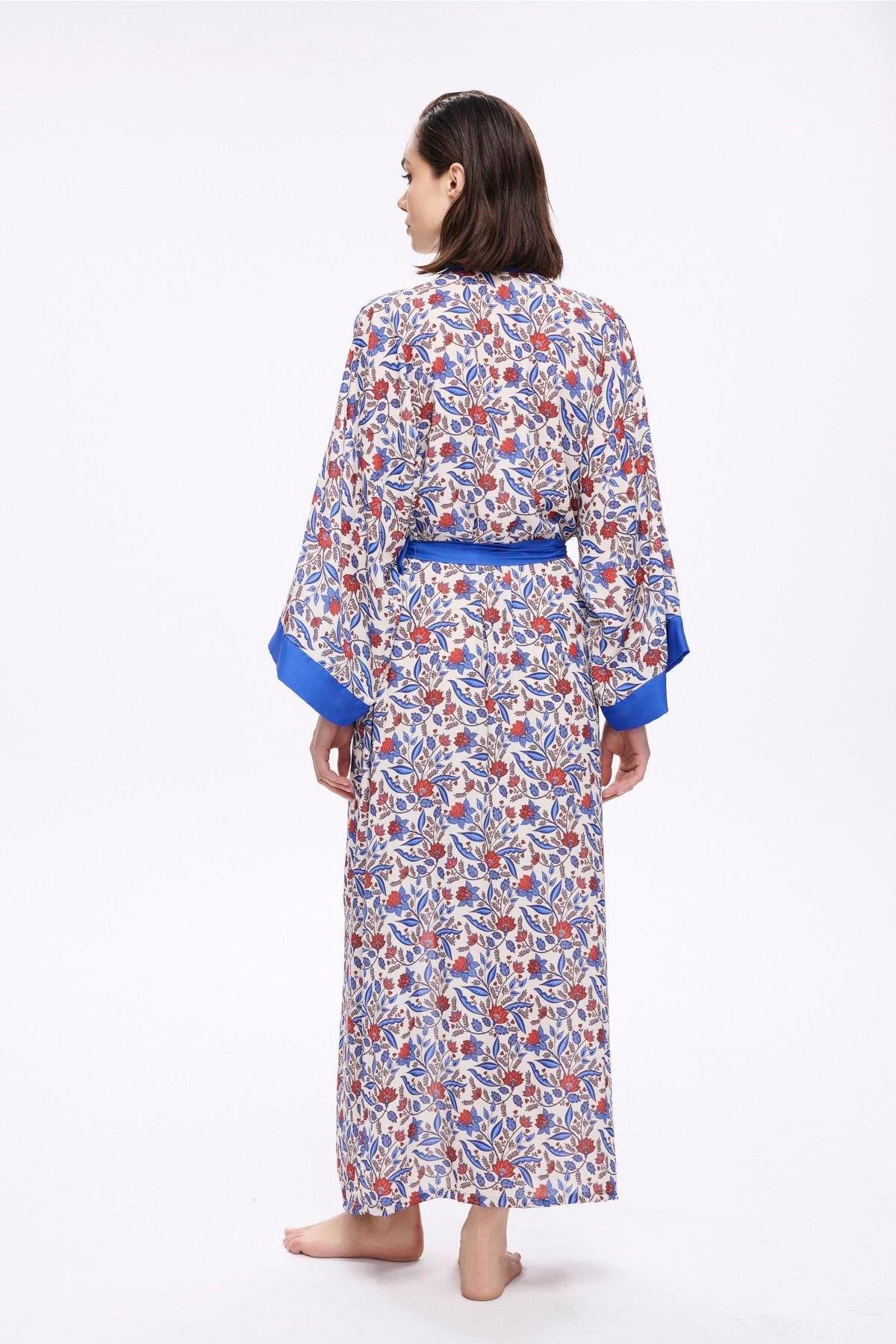 Haşema Mavi Çiçek Desenli Uzun Kimono 5049 görsel 4