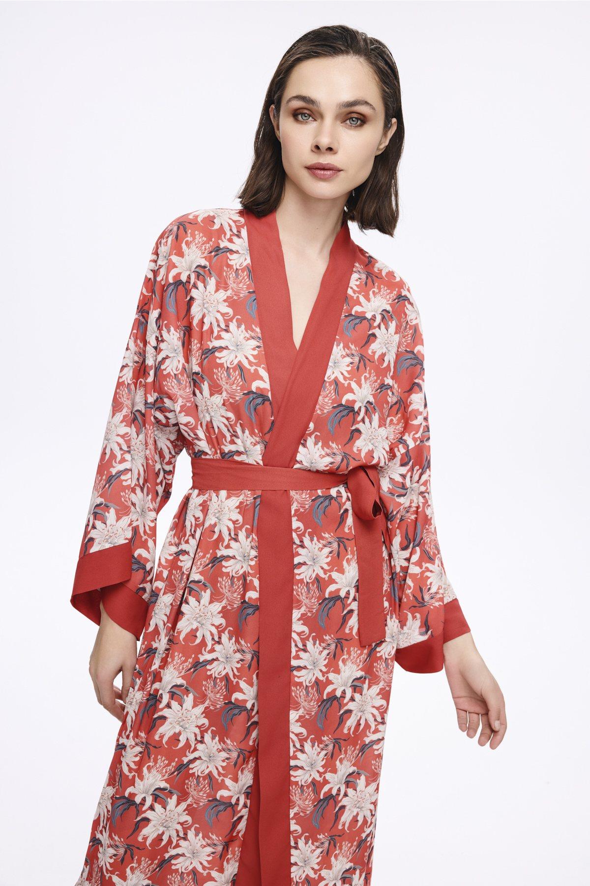 Haşema Nar Çiçeği Kırmızı Çiçek Desenli Uzun Kimono 5040 görsel 2