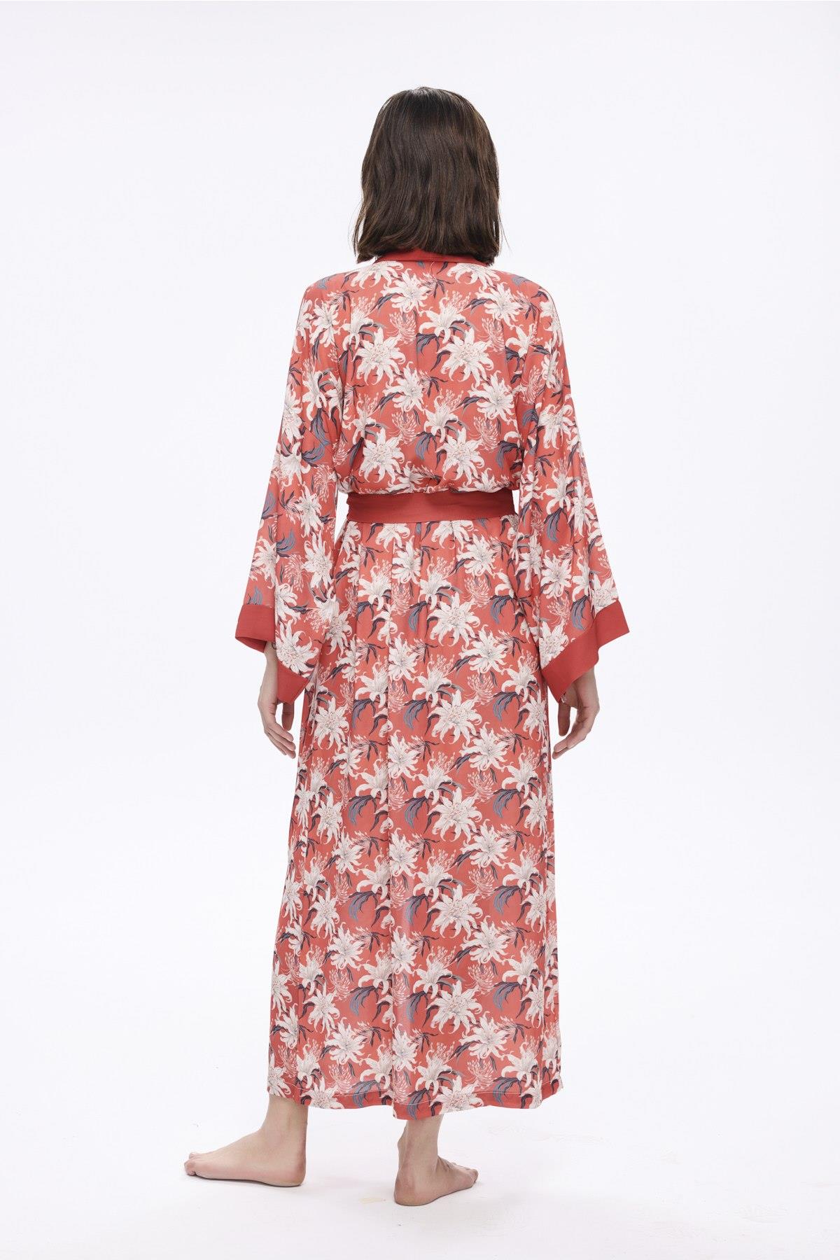 Haşema Nar Çiçeği Kırmızı Çiçek Desenli Uzun Kimono 5040 görsel 4