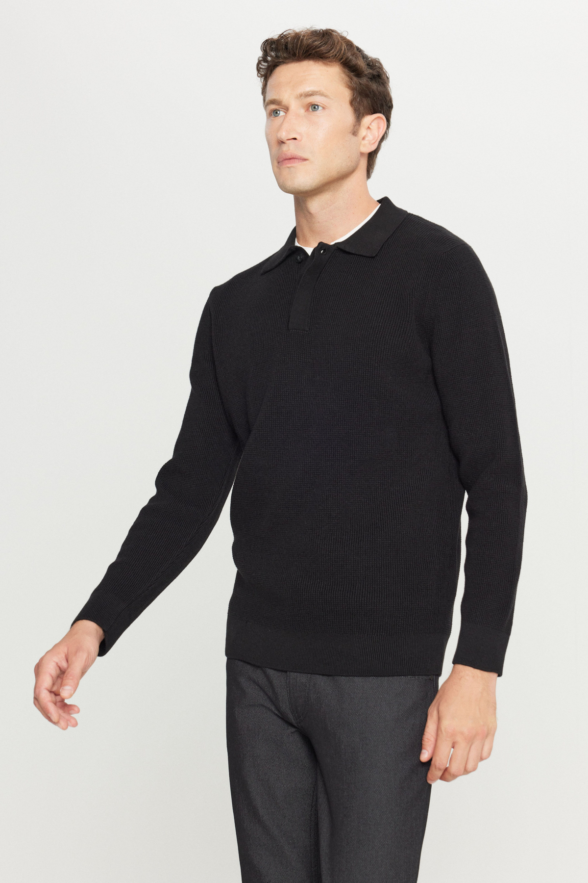 Altınyıldız Classics Erkek Siyah Pamuklu Standart Fit Normal Kesim Jakarlı Polo Yaka Triko Kazak görsel 3