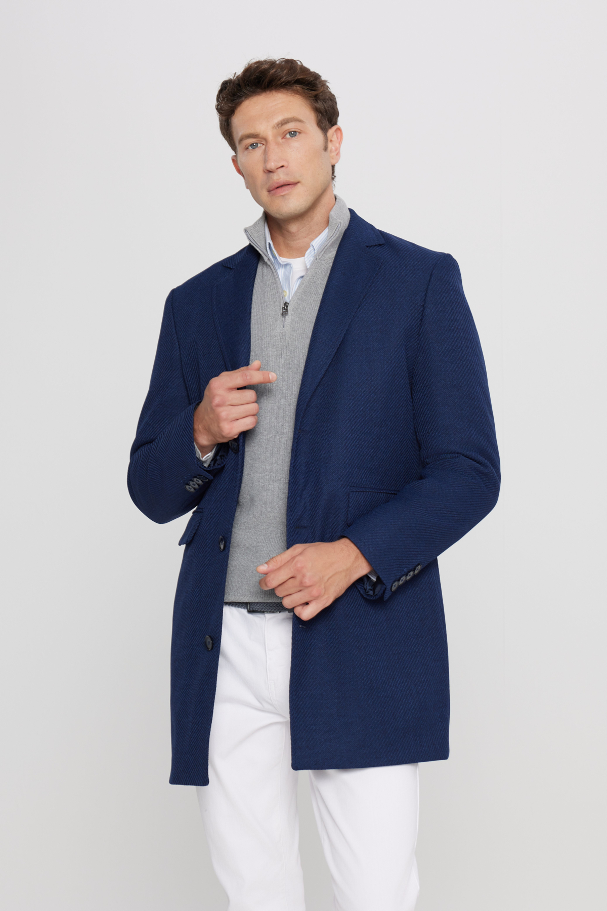 AC&Co / Altınyıldız Classics Erkek Lacivert Standart Fit Normal Kesim Mono Yaka Armürlü Kapak Cepli Palto görsel 3