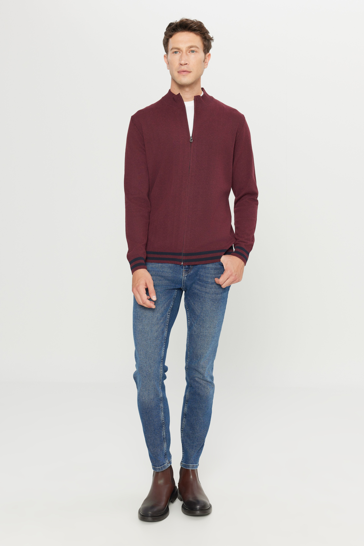 AC&Co / Altınyıldız Classics Bordo Pamuklu Standart Fit Normal Kesim Dik Yaka Triko Erkek Fermuarlı Sweatshirt Hırka görsel 2