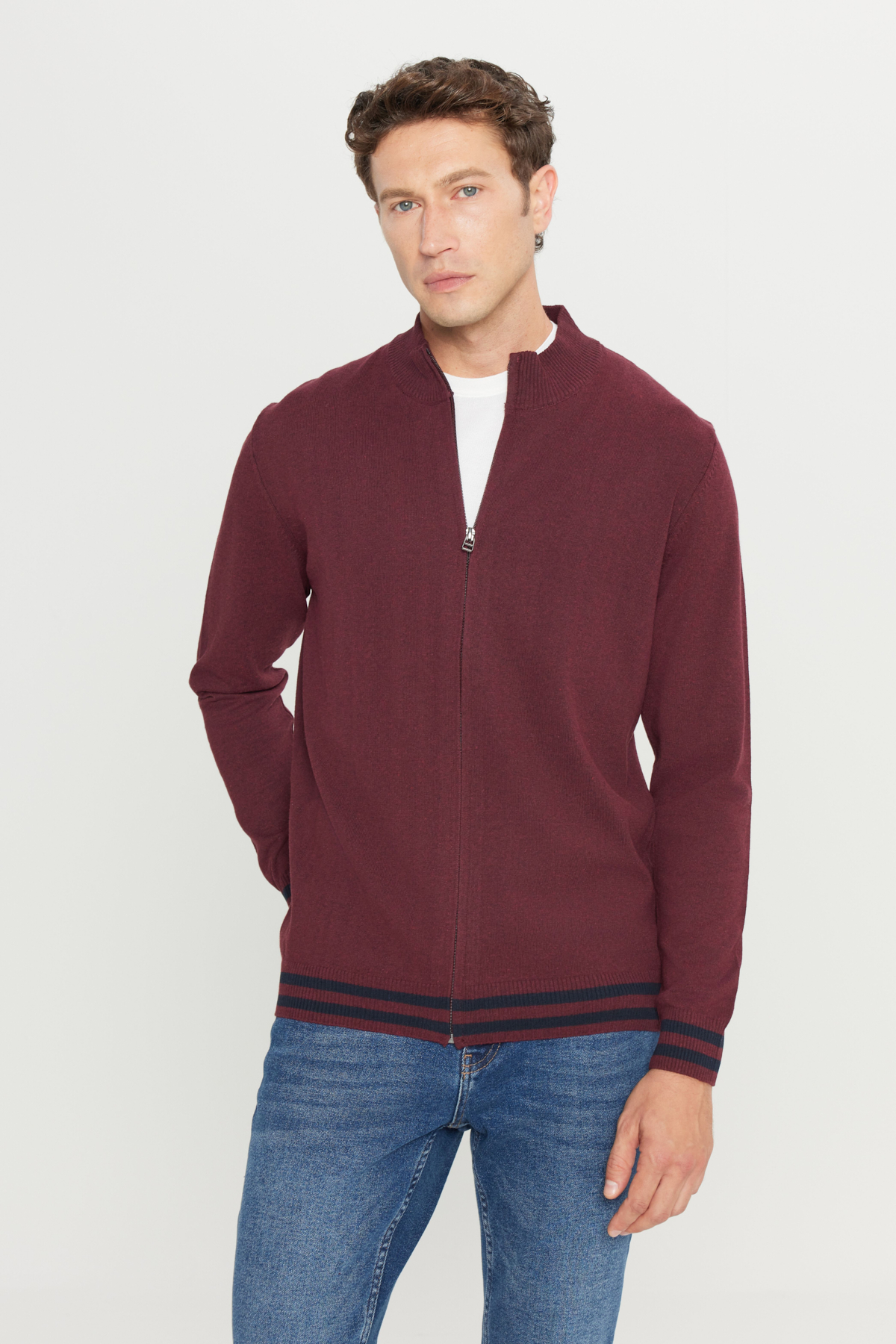 AC&Co / Altınyıldız Classics Bordo Pamuklu Standart Fit Normal Kesim Dik Yaka Triko Erkek Fermuarlı Sweatshirt Hırka görsel 3