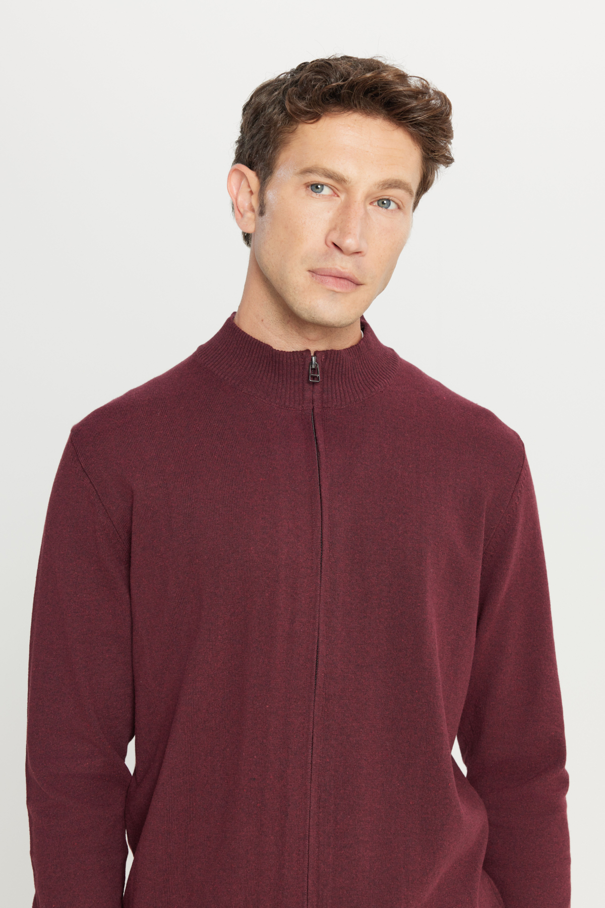 AC&Co / Altınyıldız Classics Bordo Pamuklu Standart Fit Normal Kesim Dik Yaka Triko Erkek Fermuarlı Sweatshirt Hırka görsel 4